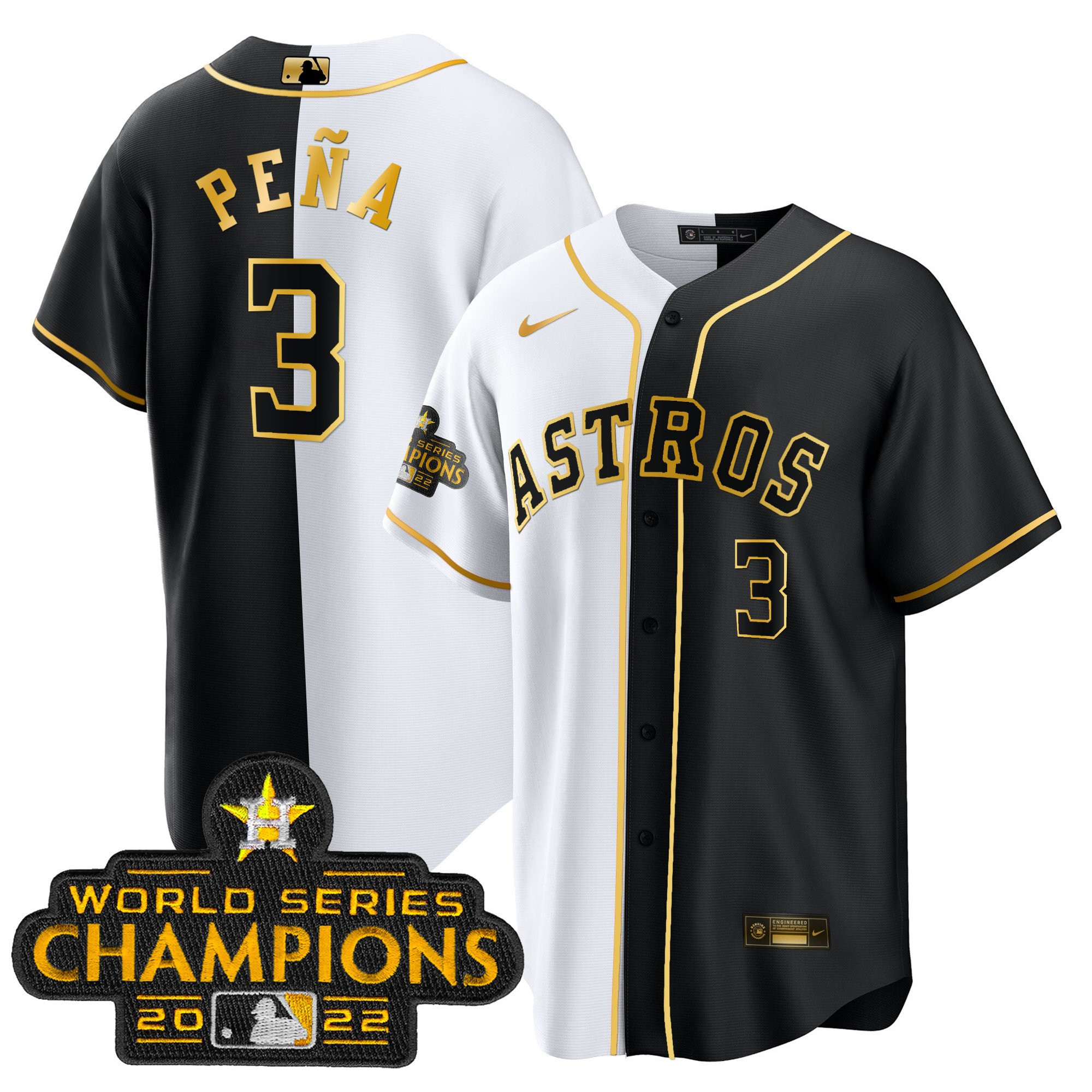 Jeremy Pena Men's Houston Astros 2023 Champions Gold Split Cool B&W Jersey - All Stitched