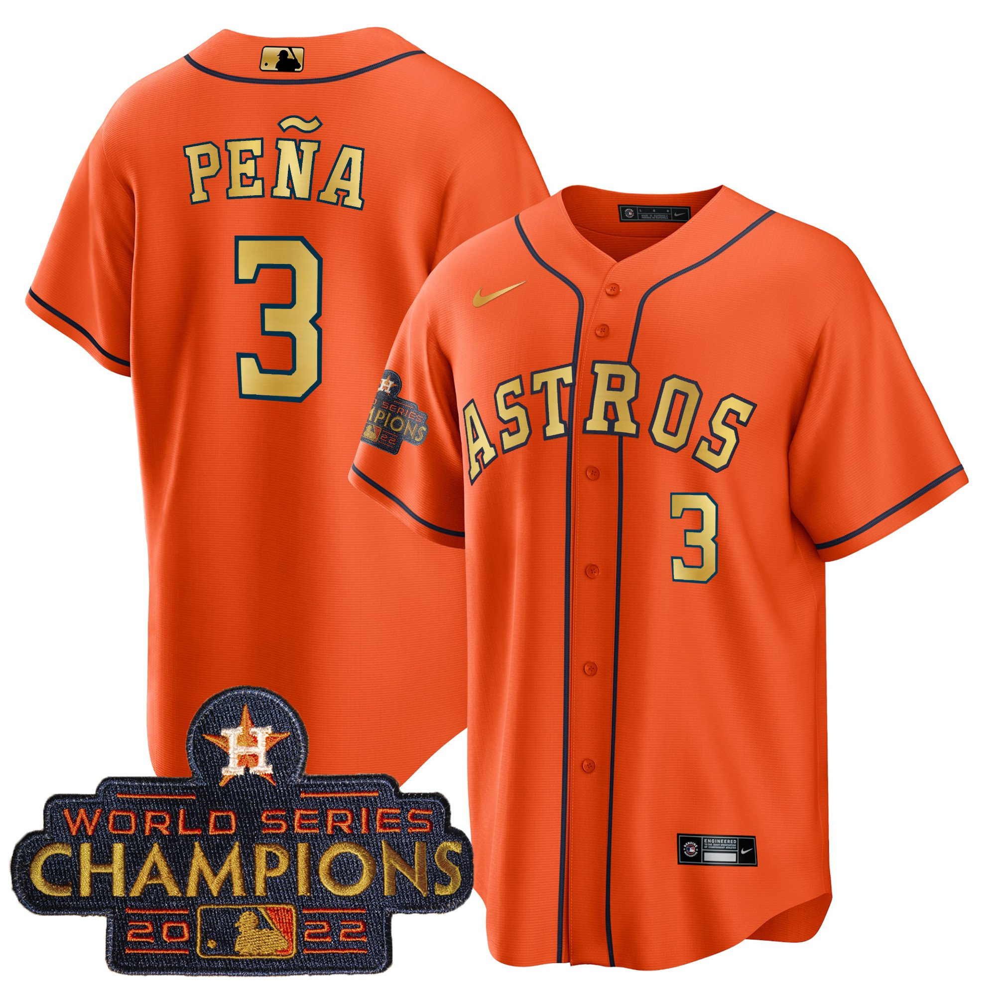 Jeremy Pena Men's Houston Astros 2023 Champions Orange Gold Cool Base Jersey - All Stitched