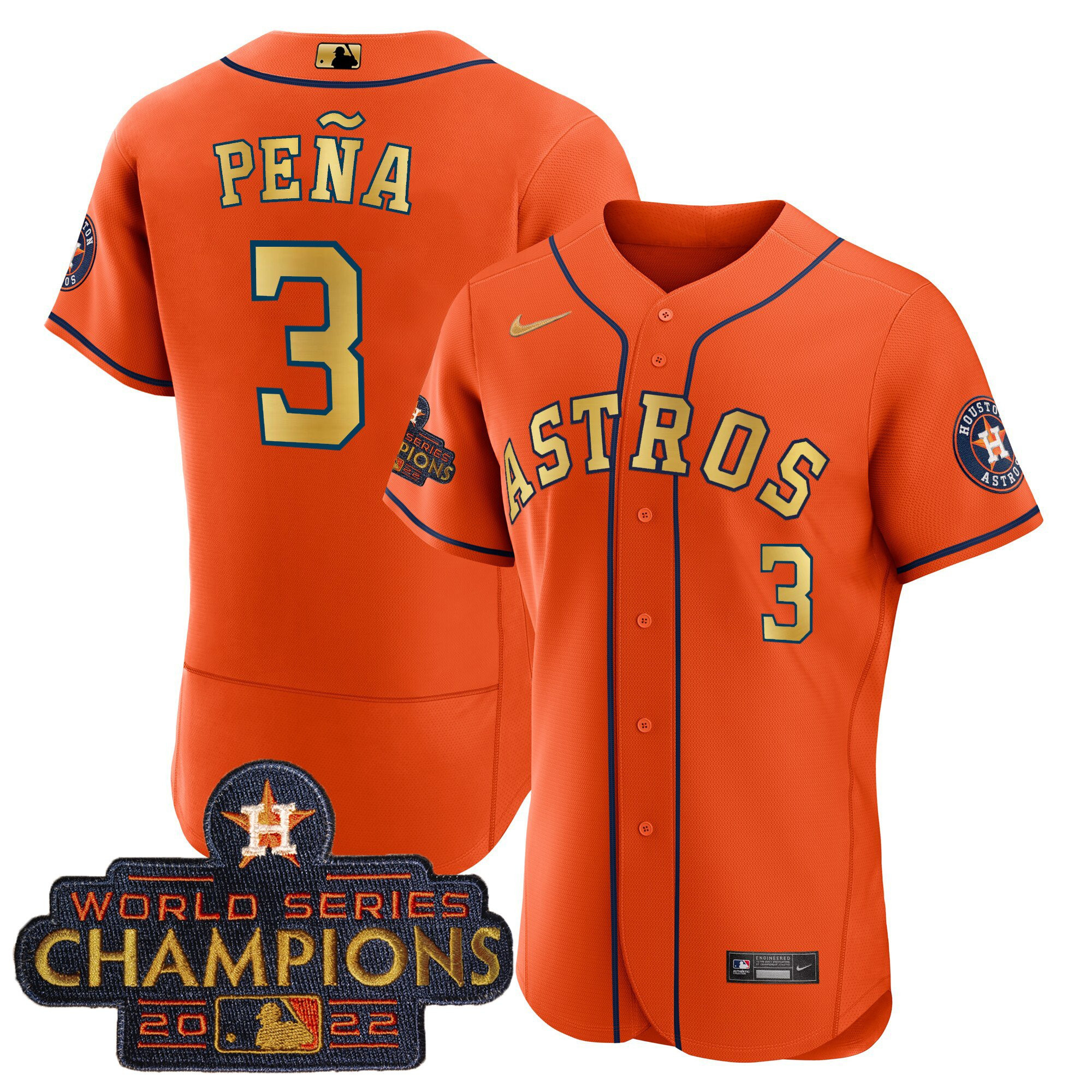 Jeremy Pena Men's Houston Astros 2023 Champions Orange Gold Flex Base Jersey - All Stitched