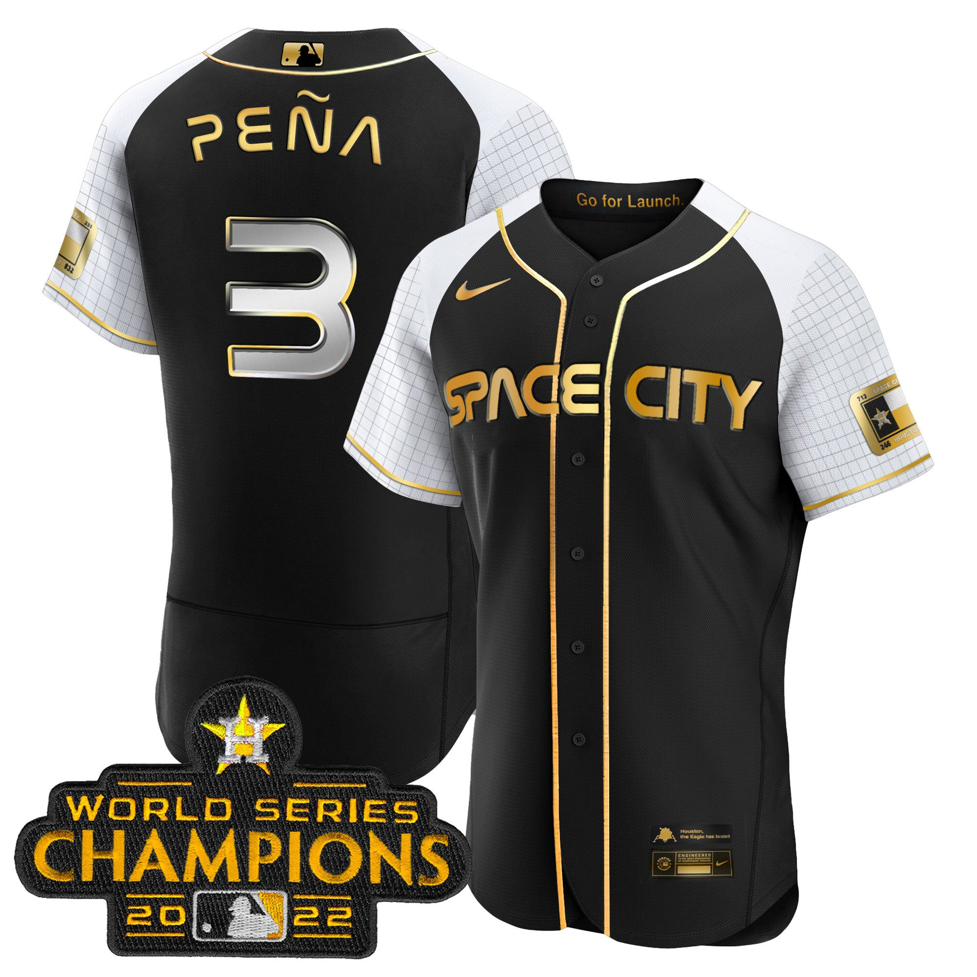 Jeremy Pena Men's Houston Astros 2023 Space City Champions Alternate Flex Black Gold Jersey - All Stitched