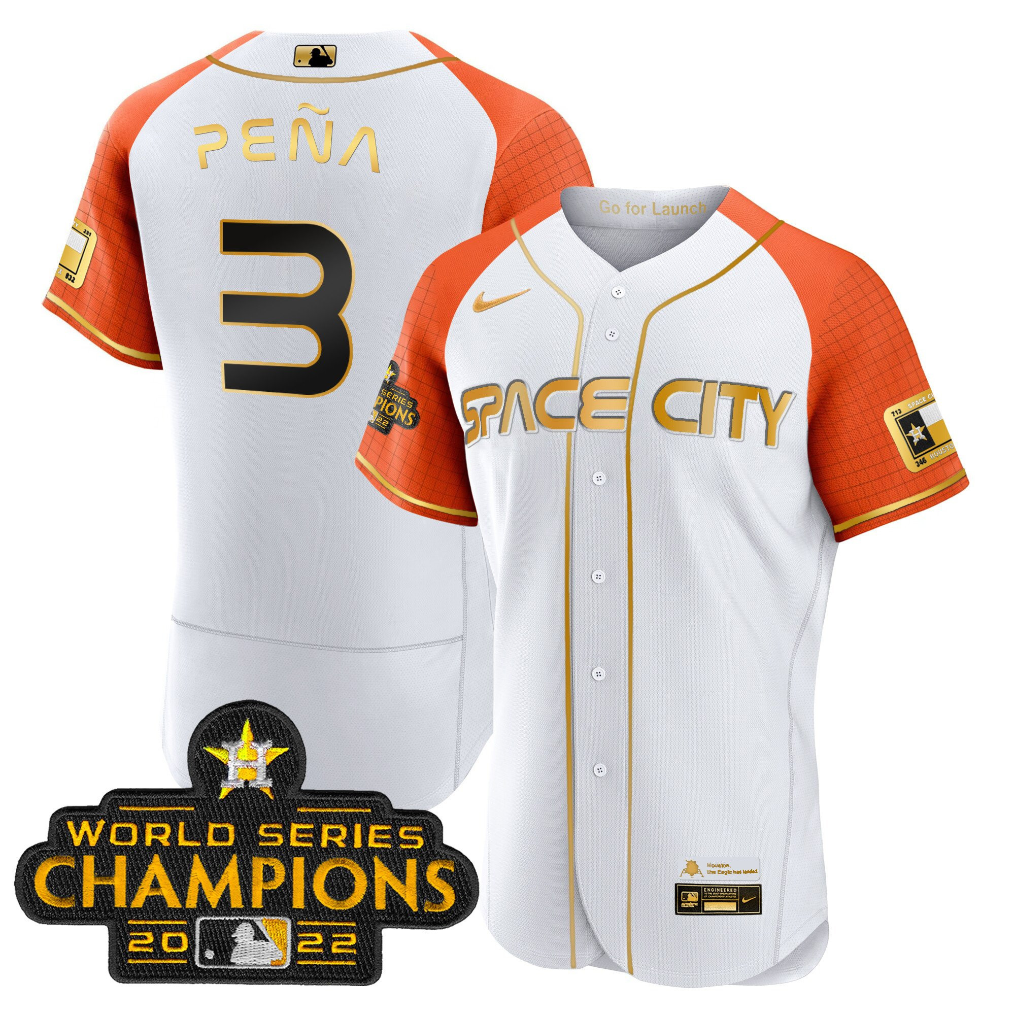 Jeremy Pena Men's Houston Astros 2023 Space City Champions Alternate Flex White Gold V2 Jersey - All Stitched