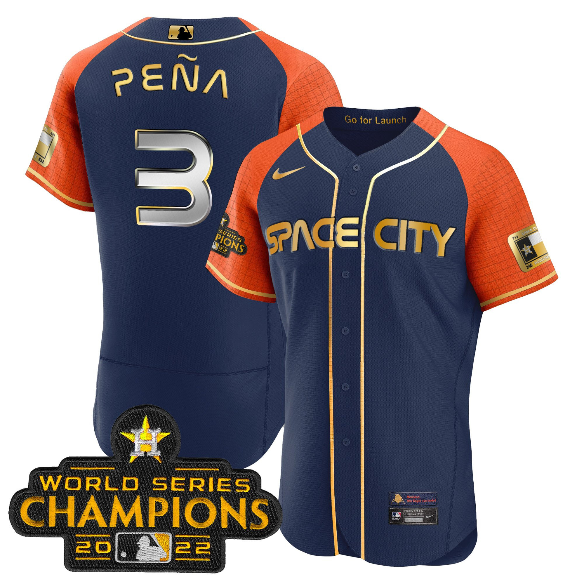 Jeremy Pena Men's Houston Astros 2023 Space City Champions Alternate Navy Flex Navy Orange Jersey - All Stitched