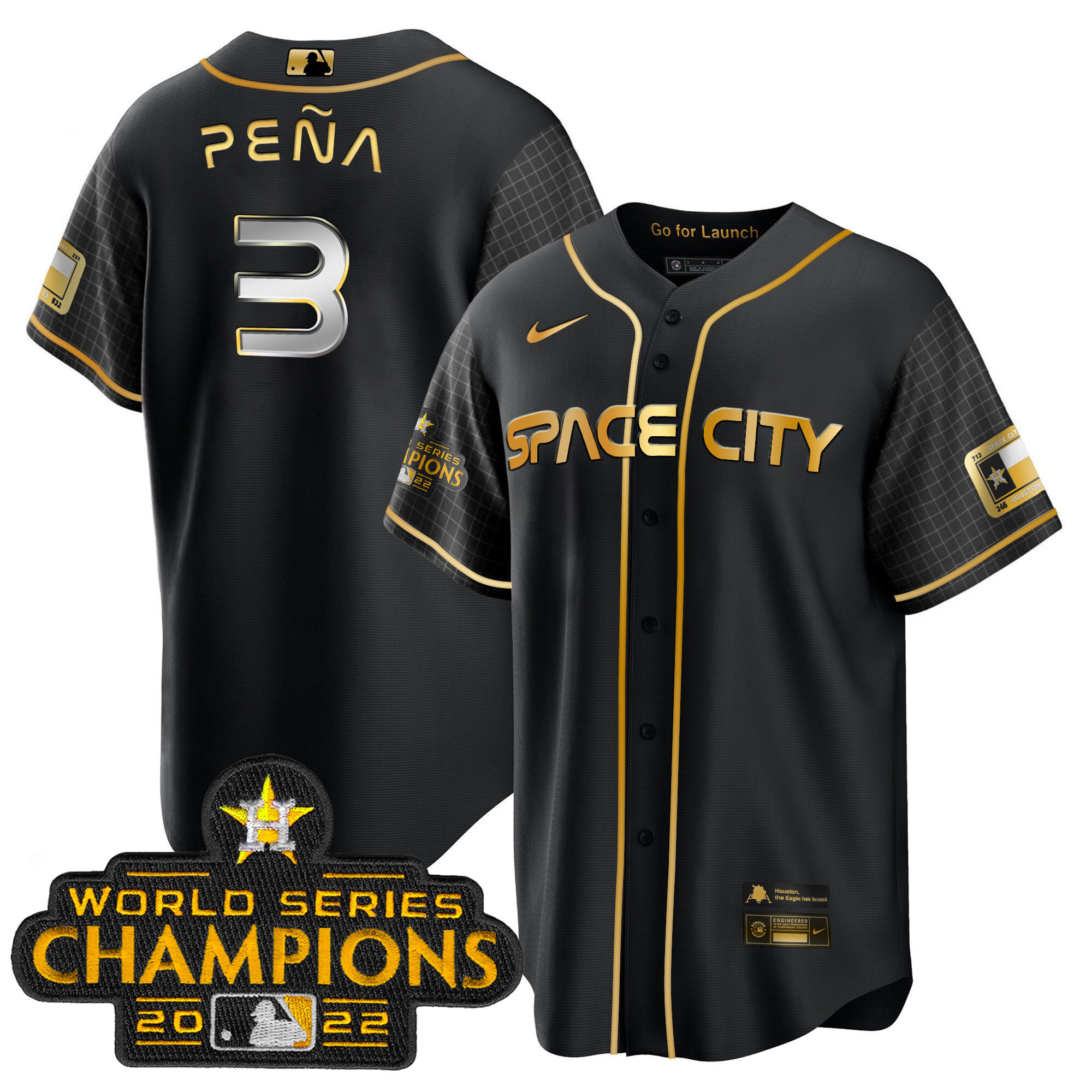 Jeremy Pena Men's Houston Astros 2023 Space City Champions Cool Black Gold Jersey - All Stitched