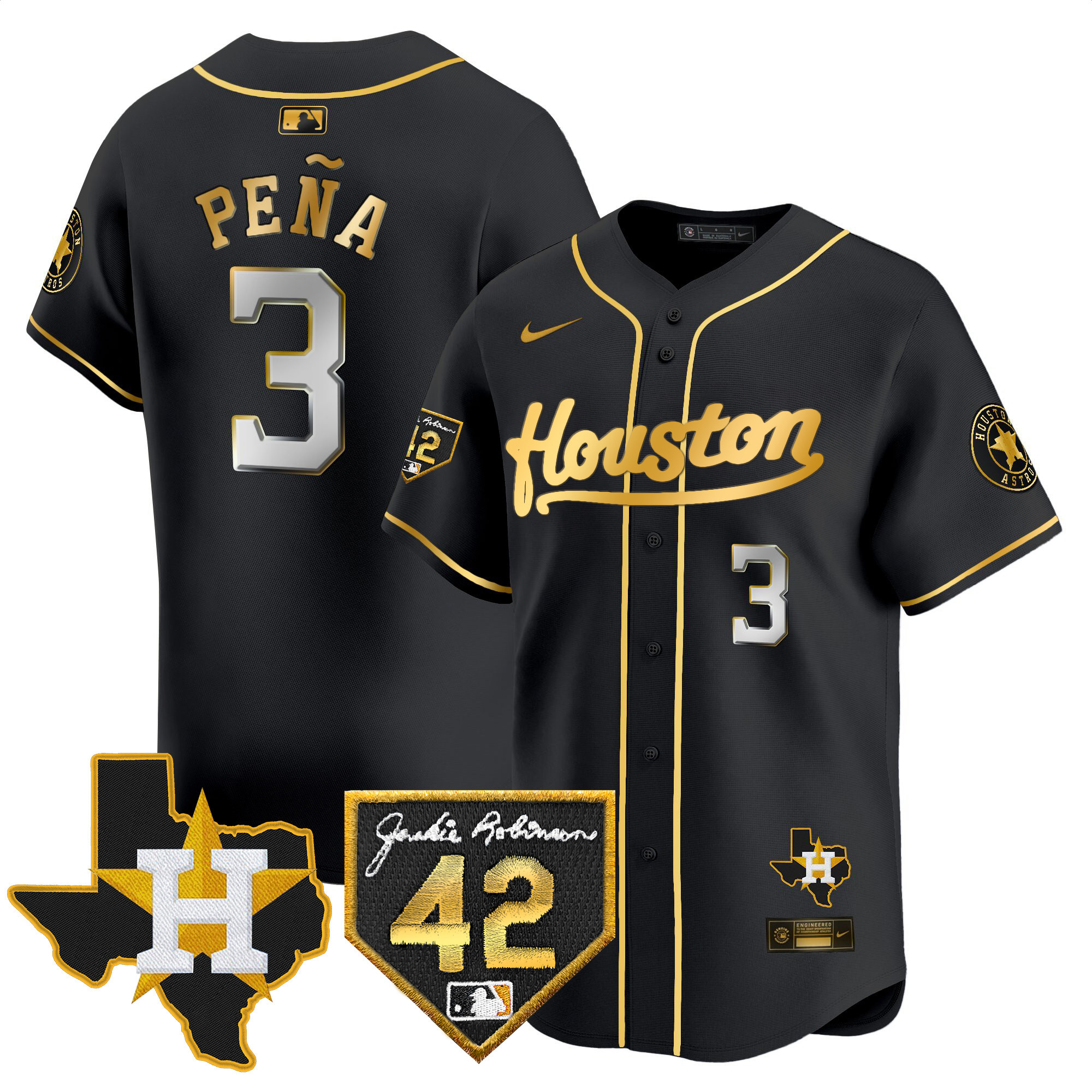 Jeremy Pena Men's Houston Astros 2024 Jackie Robinson Patch Vapor Premier Limited Black Gold Jersey - All Stitched