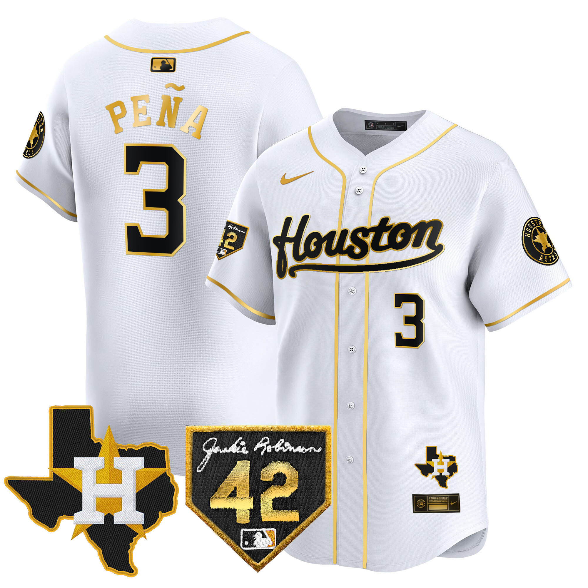 Jeremy Pena Men's Houston Astros 2024 Jackie Robinson Patch Vapor Premier Limited White Gold Jersey - All Stitched