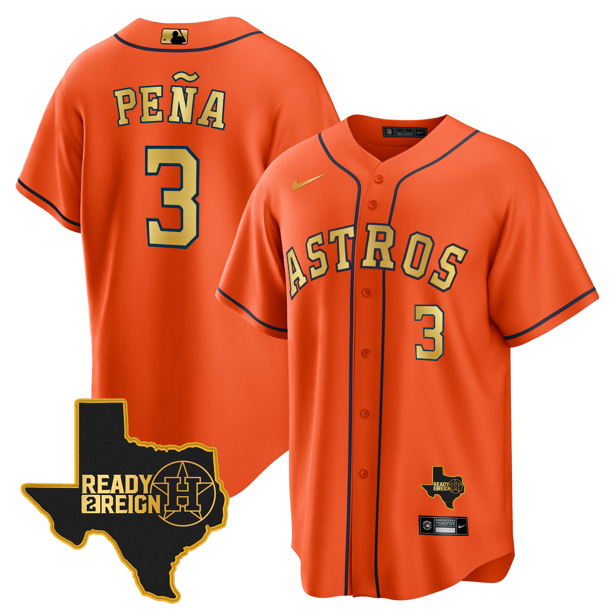 Jeremy Pena Men's Houston Astros 2024 Ready 2 Reign Cool Base Orange Gold Jersey - All Stitched