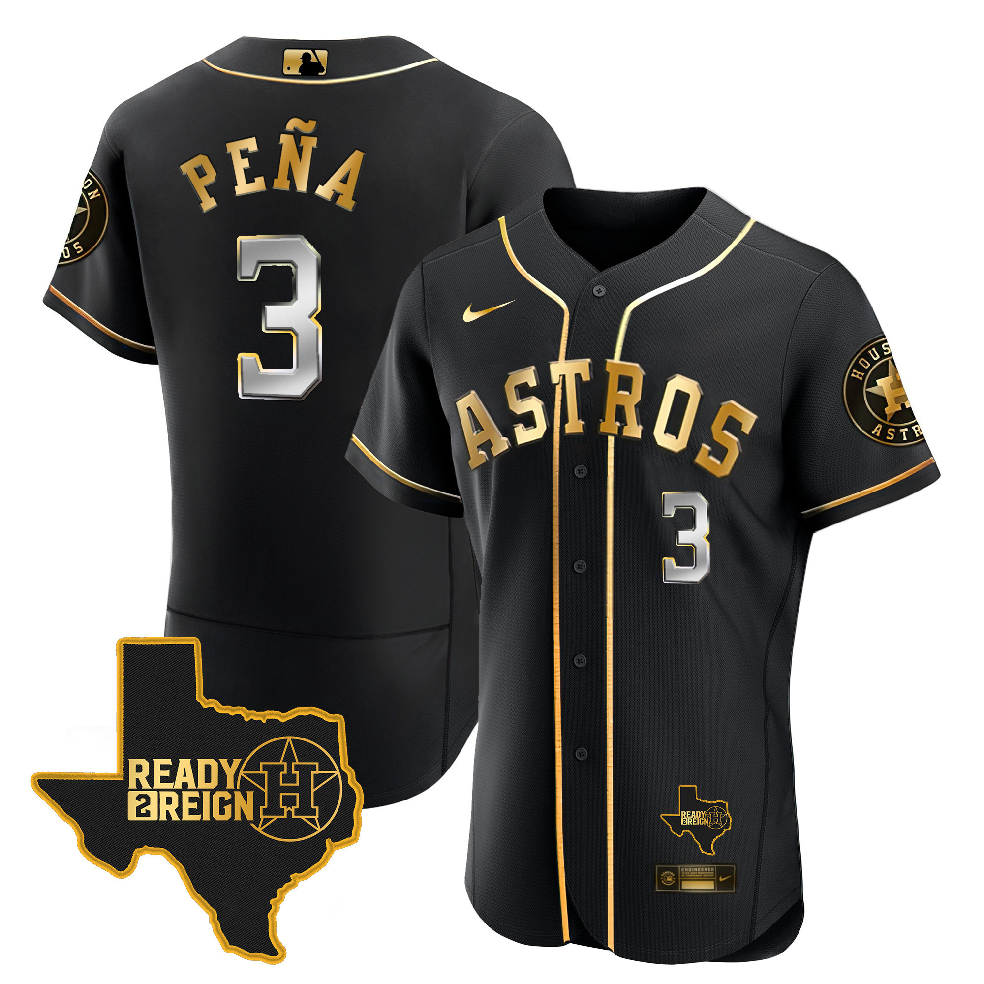 Jeremy Pena Men's Houston Astros 2024 Ready 2 Reign Flex Base Black Gold Jersey - All Stitched