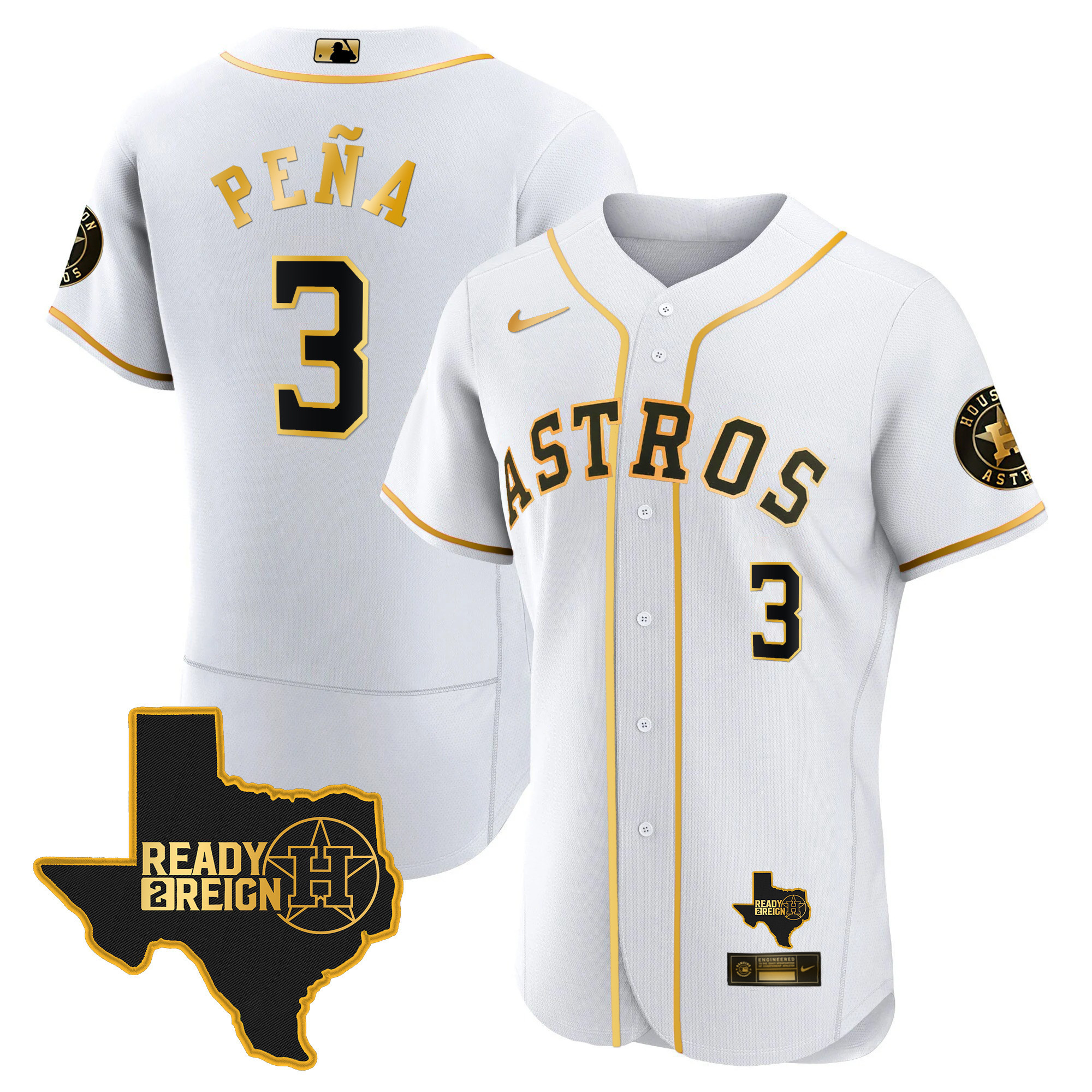 Jeremy Pena Men's Houston Astros 2024 Ready 2 Reign Flex Base White Gold Jersey - All Stitched