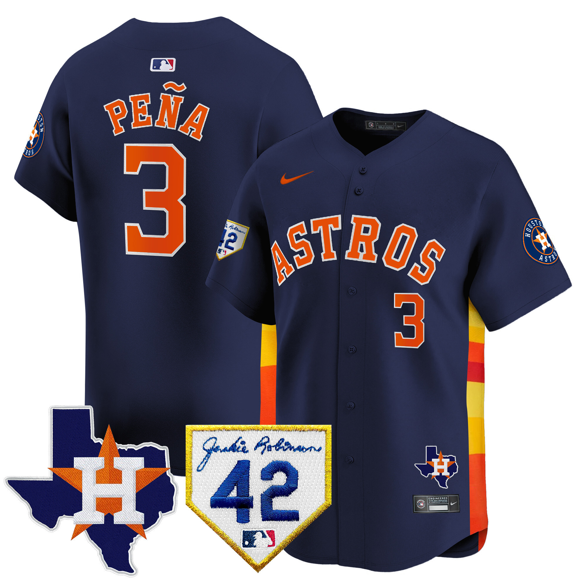 Jeremy Pena Men's Houston Astros 2024 Robinson & Texas Patch Vapor Premier Limited Navy Jersey - All Stitched