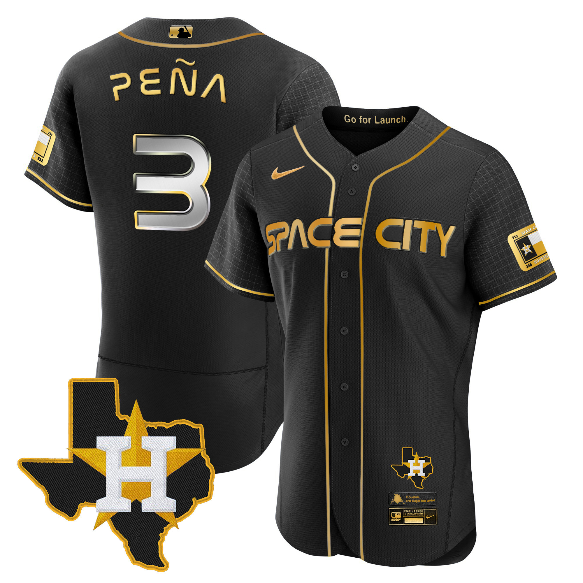 Jeremy Pena Men's Houston Astros 2024 Space City Flex Base - Texas Patch Black Gold Jersey - All Stitched