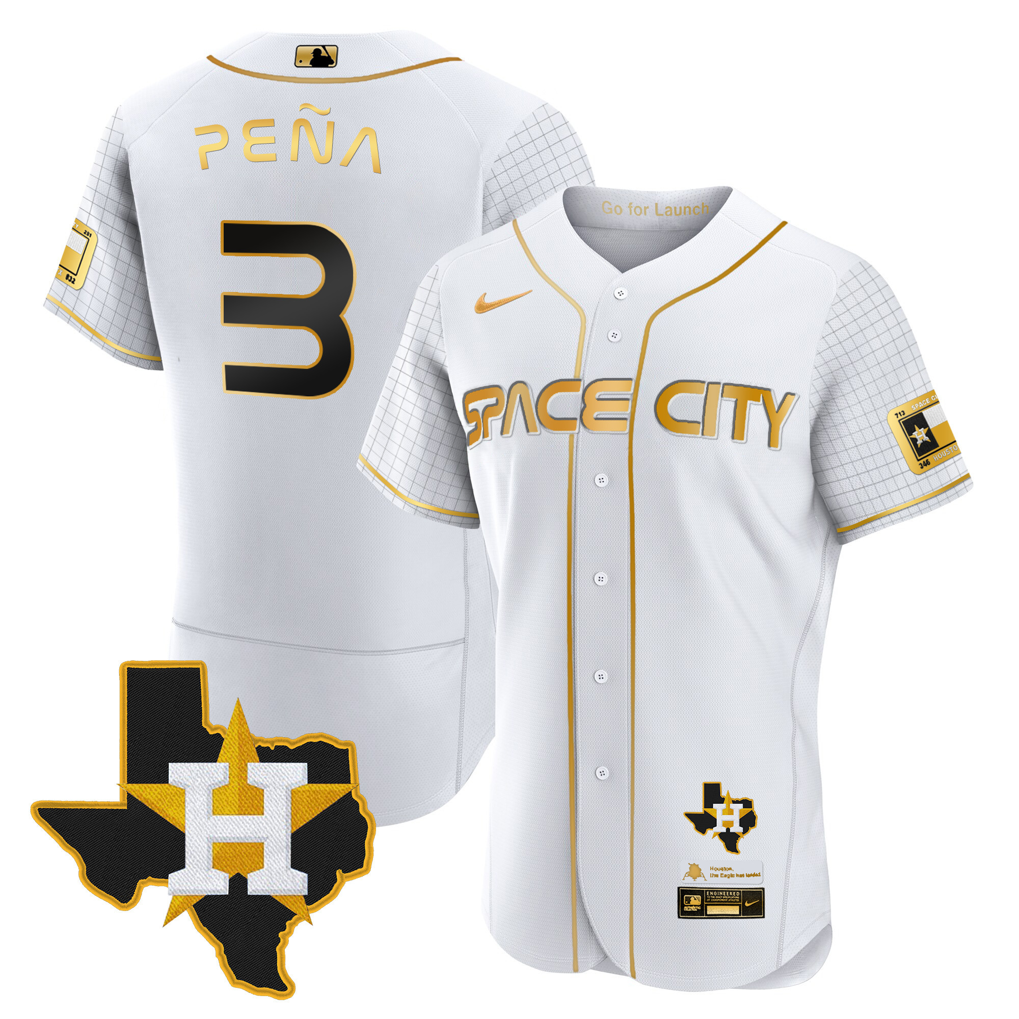 Jeremy Pena Men's Houston Astros 2024 Space City Flex Base - Texas Patch White Gold Jersey - All Stitched