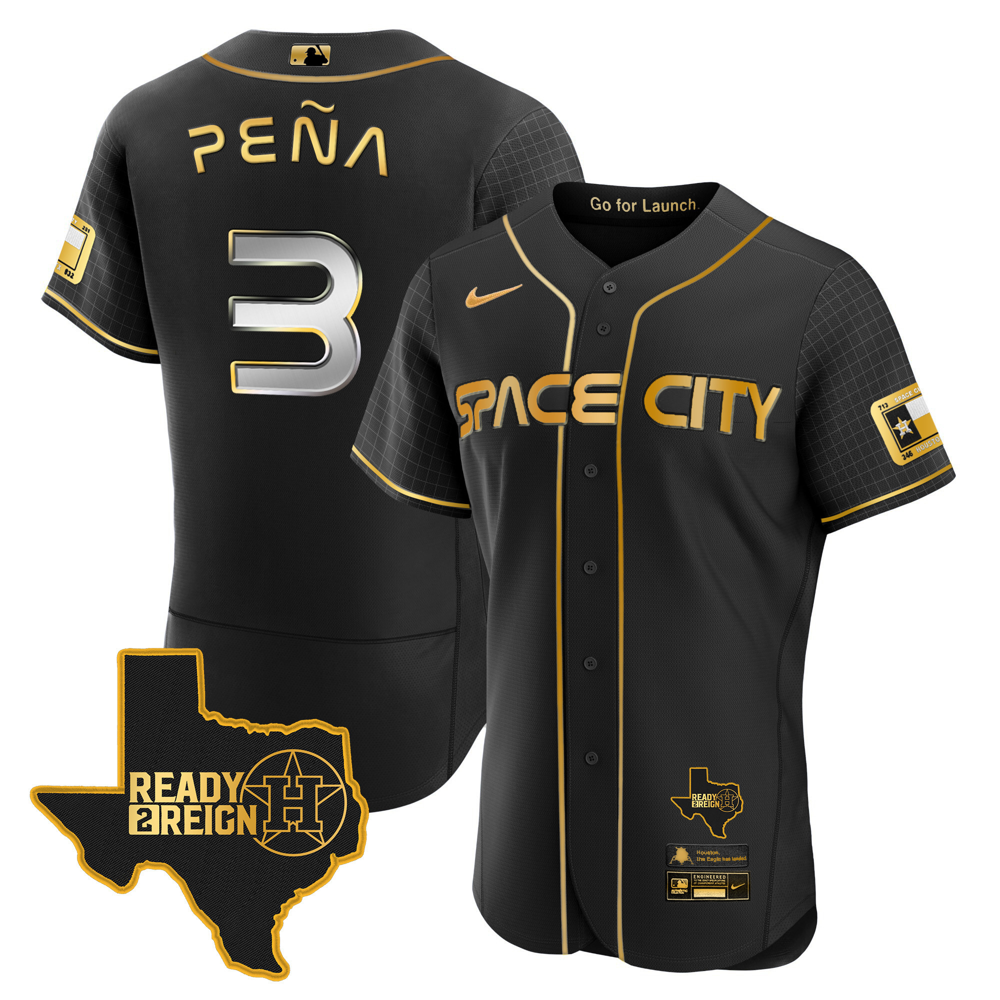 Jeremy Pena Men's Houston Astros 2024 Space City Ready 2 Reign Flex Base Black Gold Jersey - All Stitched