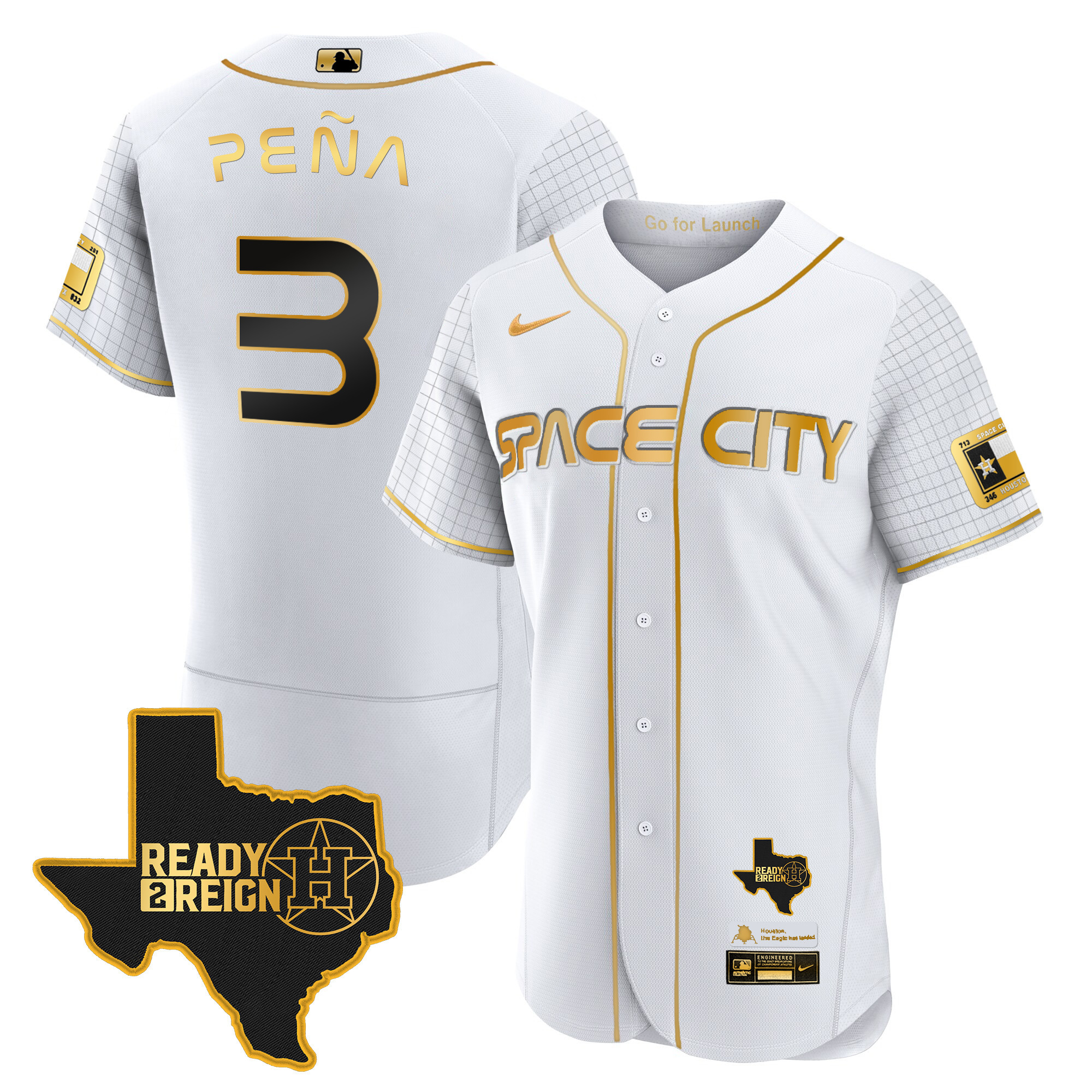 Jeremy Pena Men's Houston Astros 2024 Space City Ready 2 Reign Flex Base White Gold Jersey - All Stitched