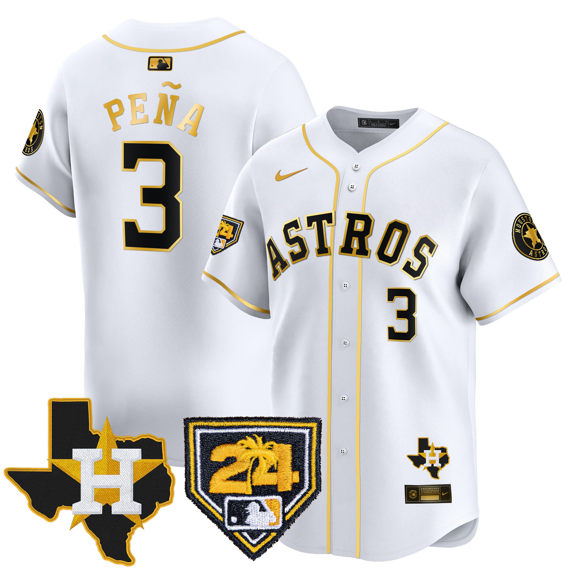 Jeremy Pena Men's Houston Astros 2024 Spring Training & Texas Patch Vapor Premier Limited White Gold Jersey - All Stitched