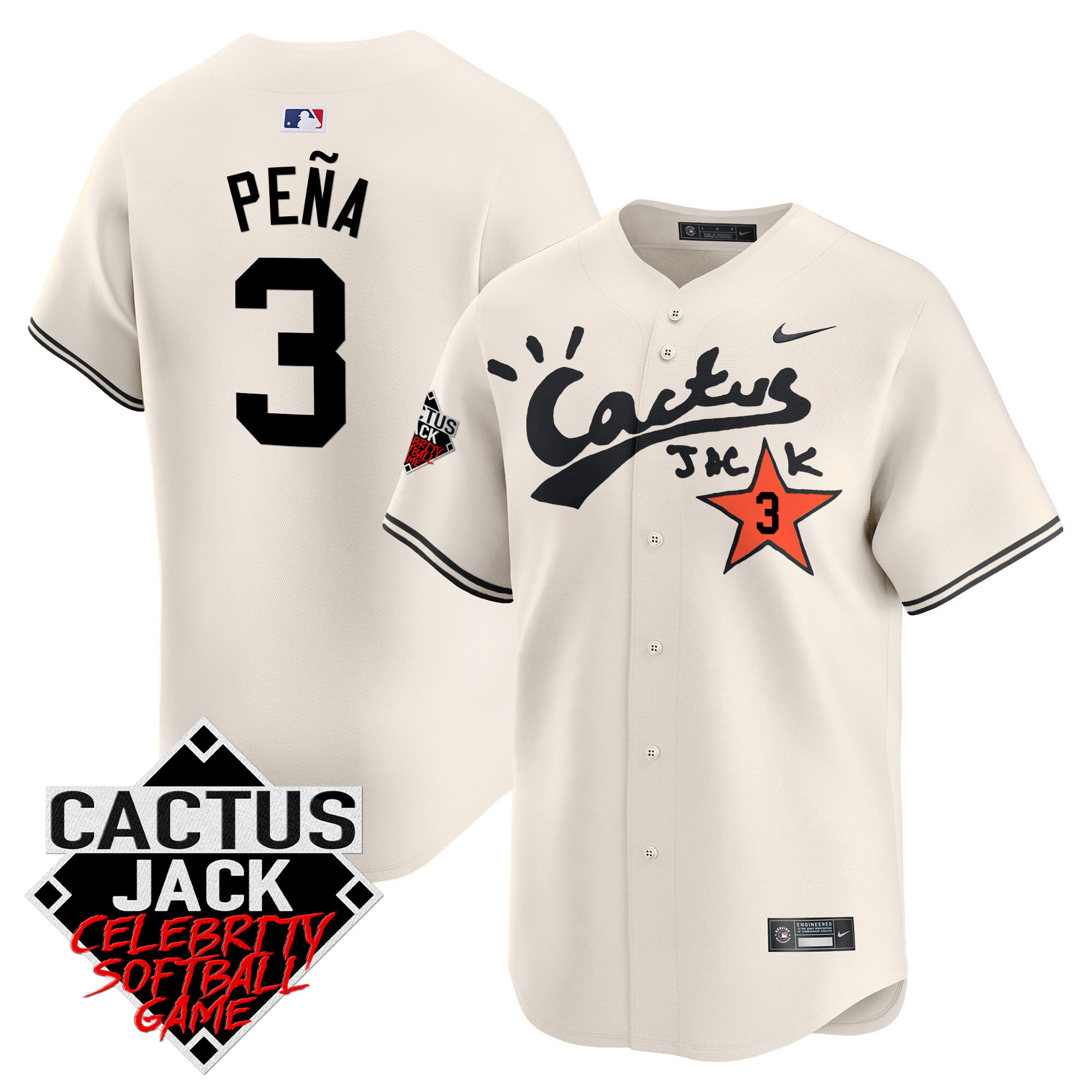 Jeremy Pena Men's Houston Astros Cactus Jack Celebrity Softball Game Patch Vapor Premier Limited V2 Cream Jersey - All Stitched