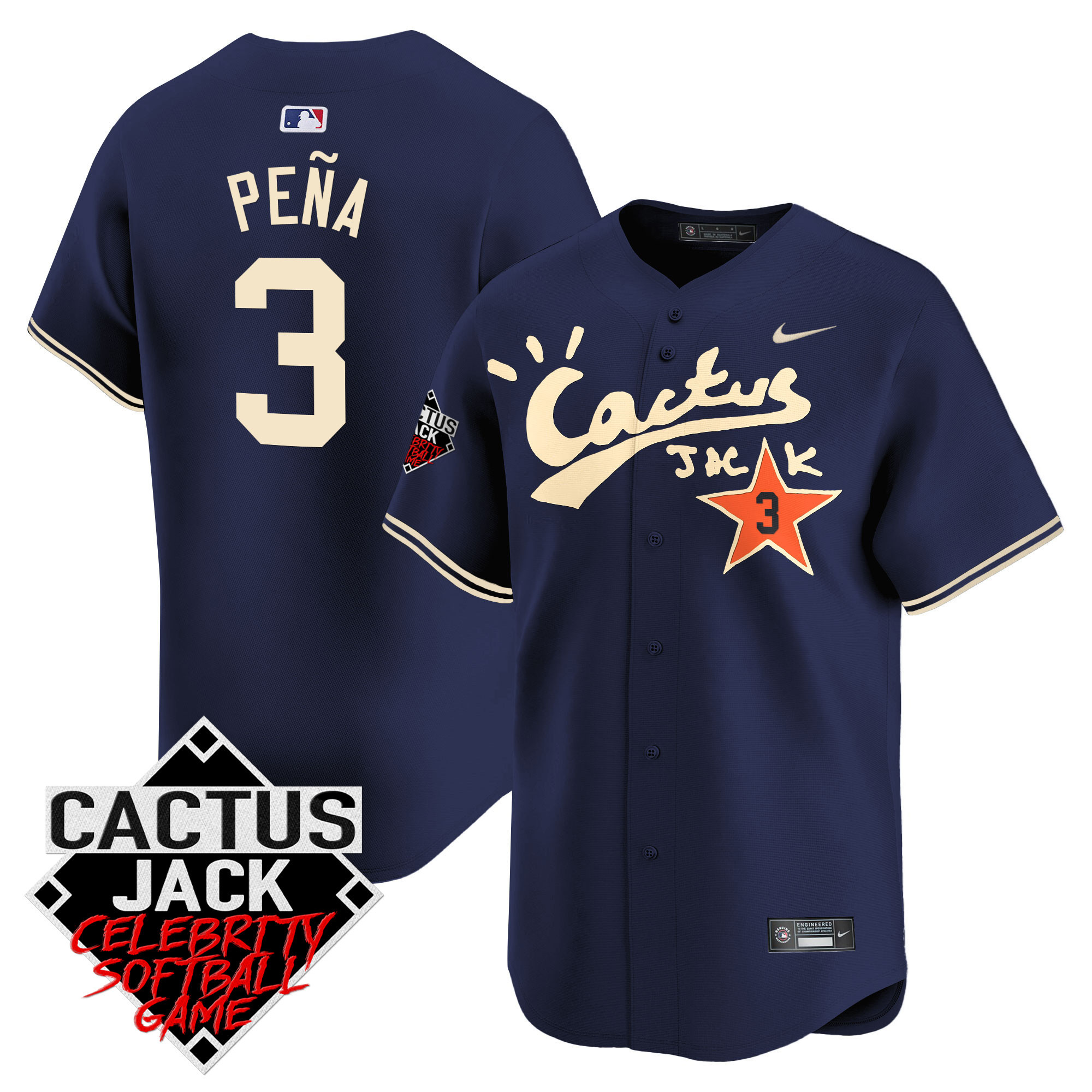 Jeremy Pena Men's Houston Astros Cactus Jack Celebrity Softball Game Patch Vapor Premier Limited V2 Navy Jersey - All Stitched