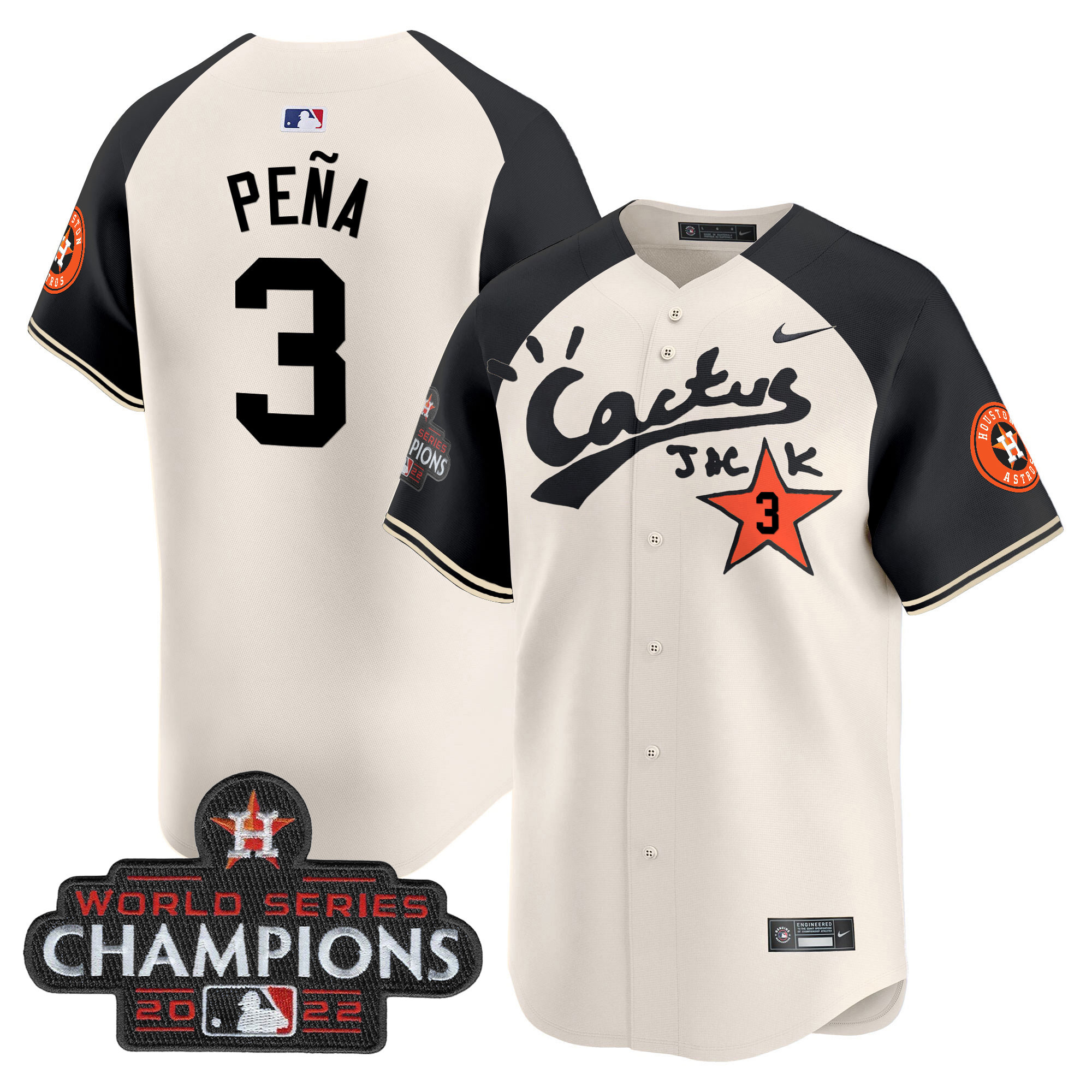 Jeremy Pena Men's Houston Astros Cactus Jack Champions Patch Vapor Premier Limited Cream Alternate Jersey - All Stitched