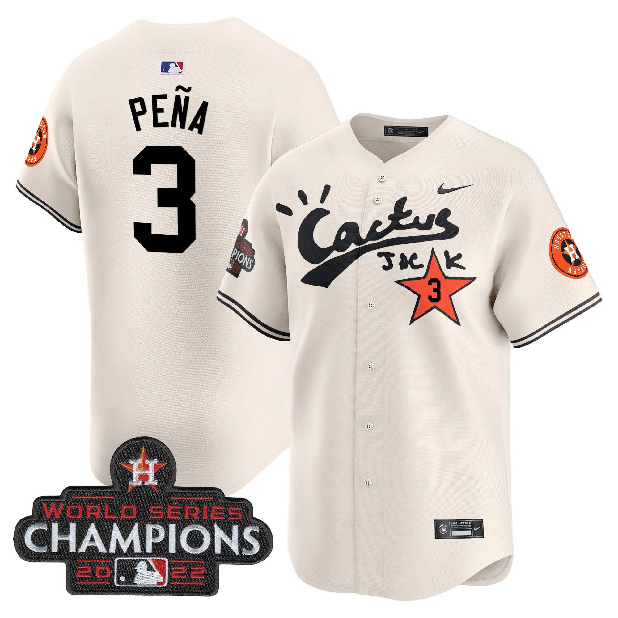 Jeremy Pena Men's Houston Astros Cactus Jack Champions Patch Vapor Premier Limited Cream Jersey - All Stitched