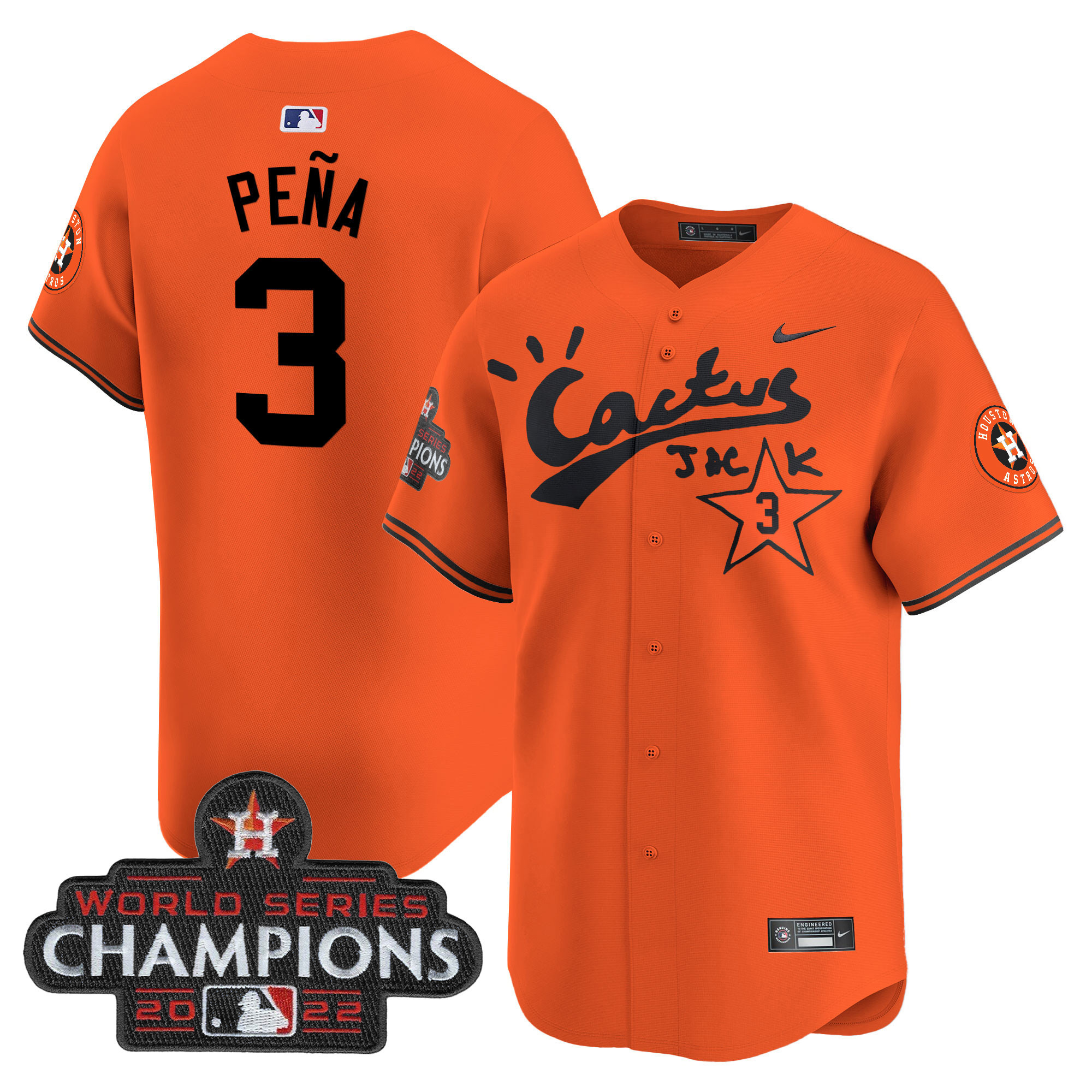 Jeremy Pena Men's Houston Astros Cactus Jack Champions Patch Vapor Premier Limited Orange Jersey - All Stitched