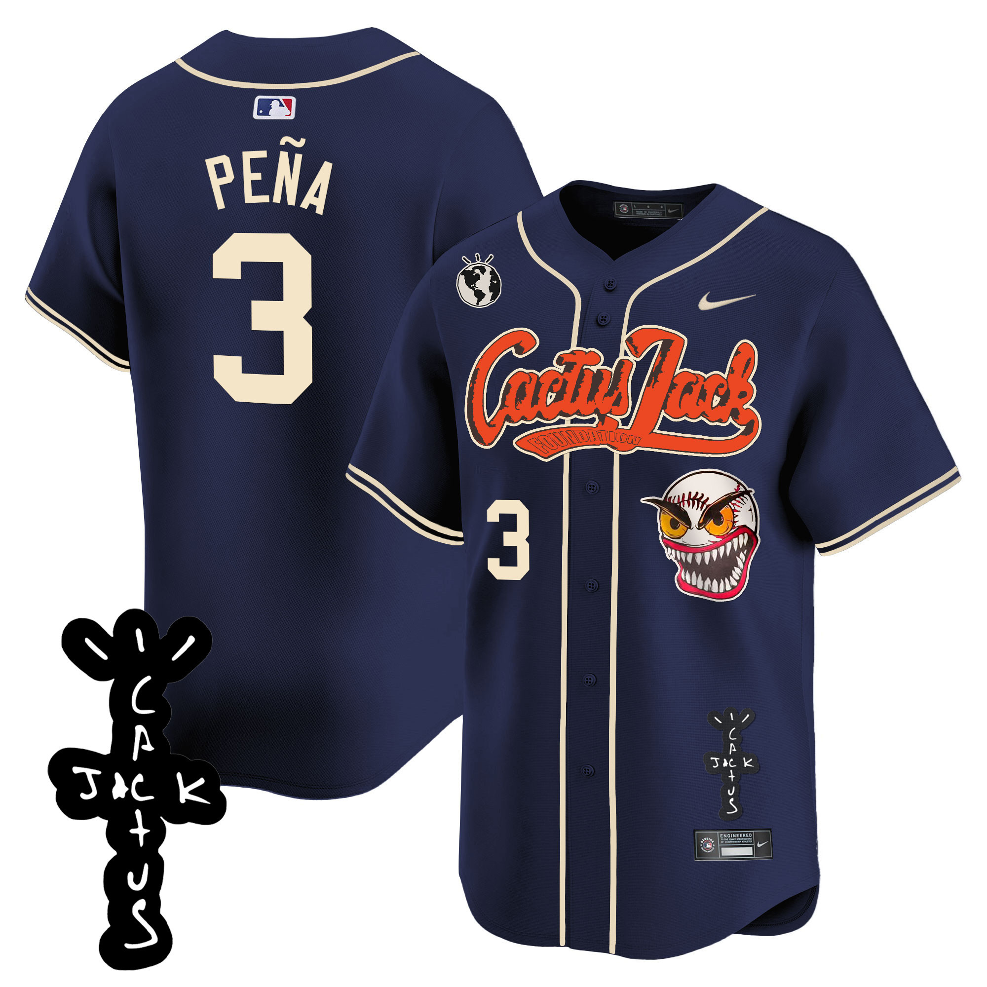 Jeremy Pena Men's Houston Astros Cactus Jack Patch Vapor Premier Limited Navy Jersey - All Stitched