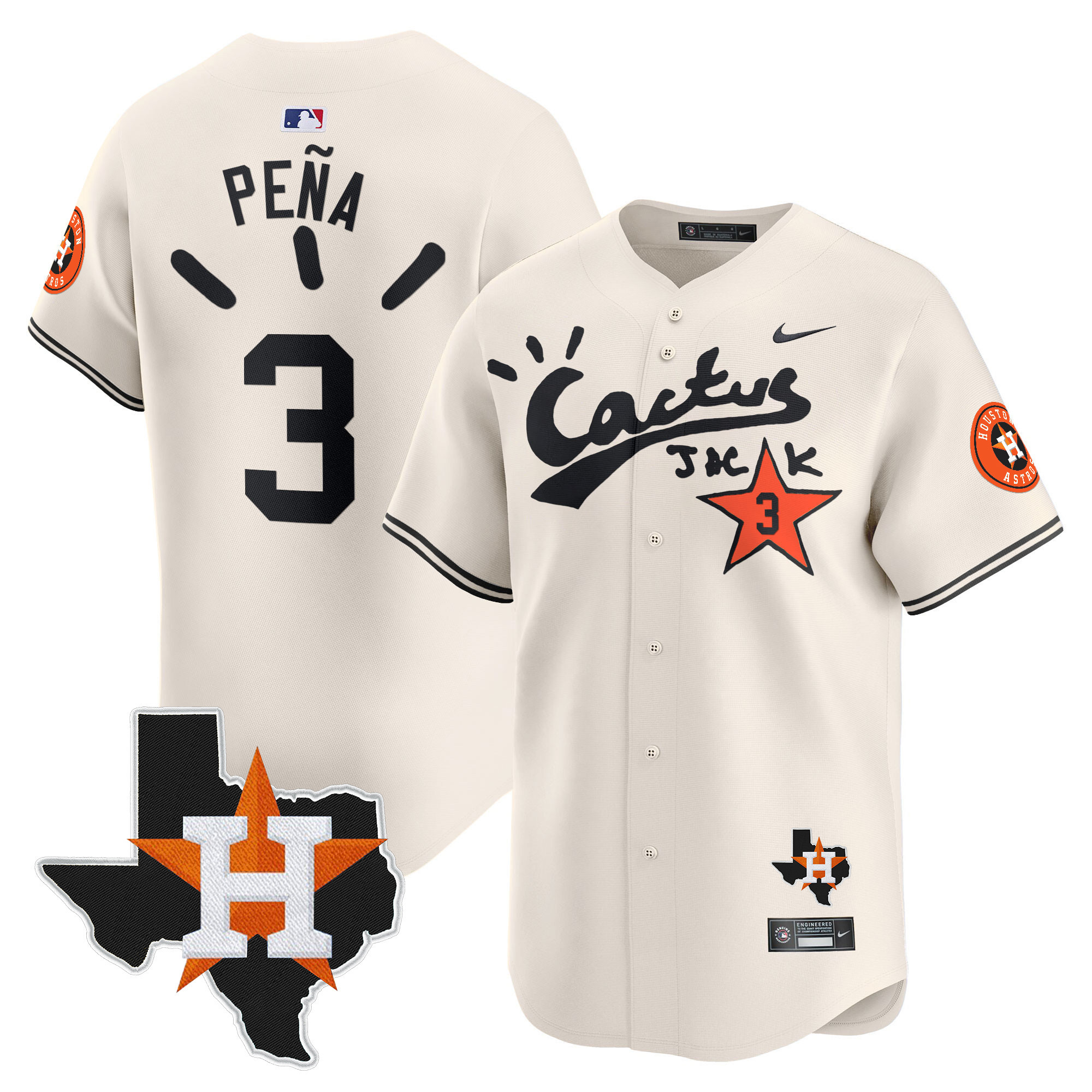 Jeremy Pena Men's Houston Astros Cactus Jack Patch Vapor Premier Limited V10 Cream Jersey - All Stitched
