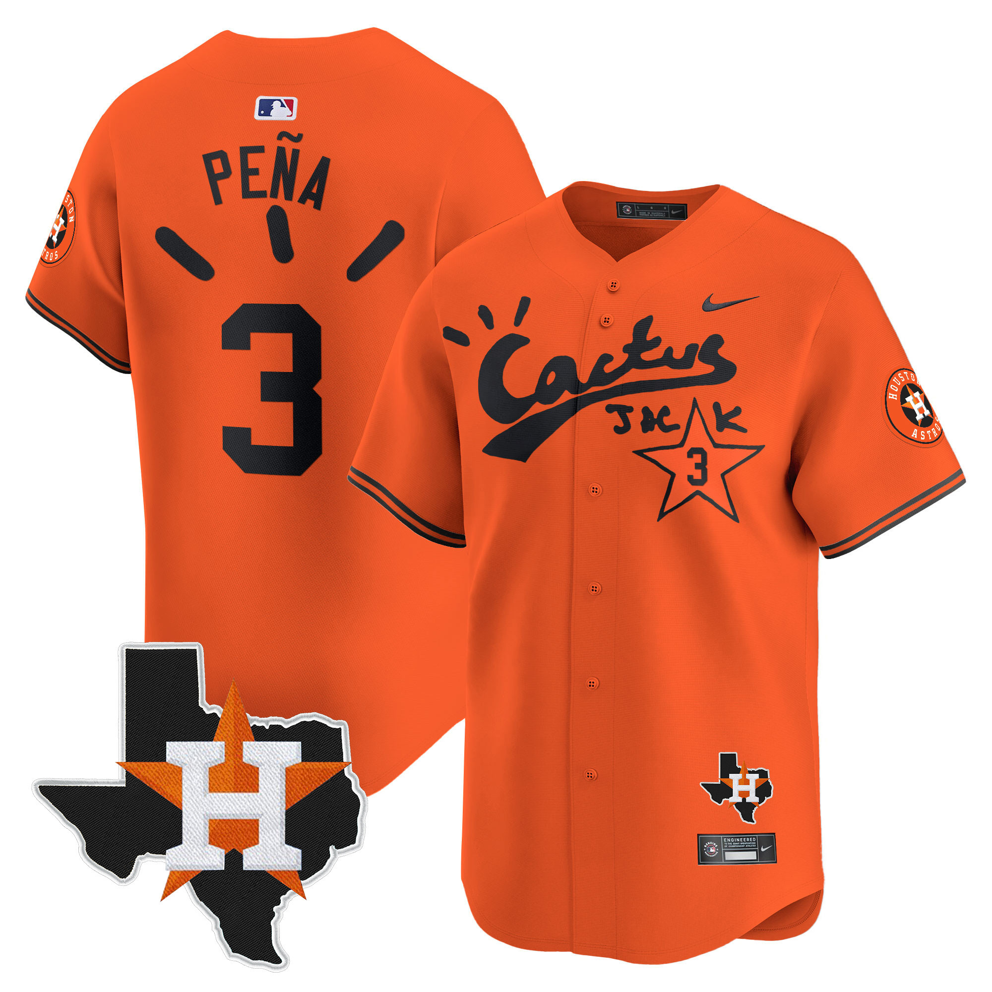 Jeremy Pena Men's Houston Astros Cactus Jack Patch Vapor Premier Limited V10 Orange Jersey - All Stitched