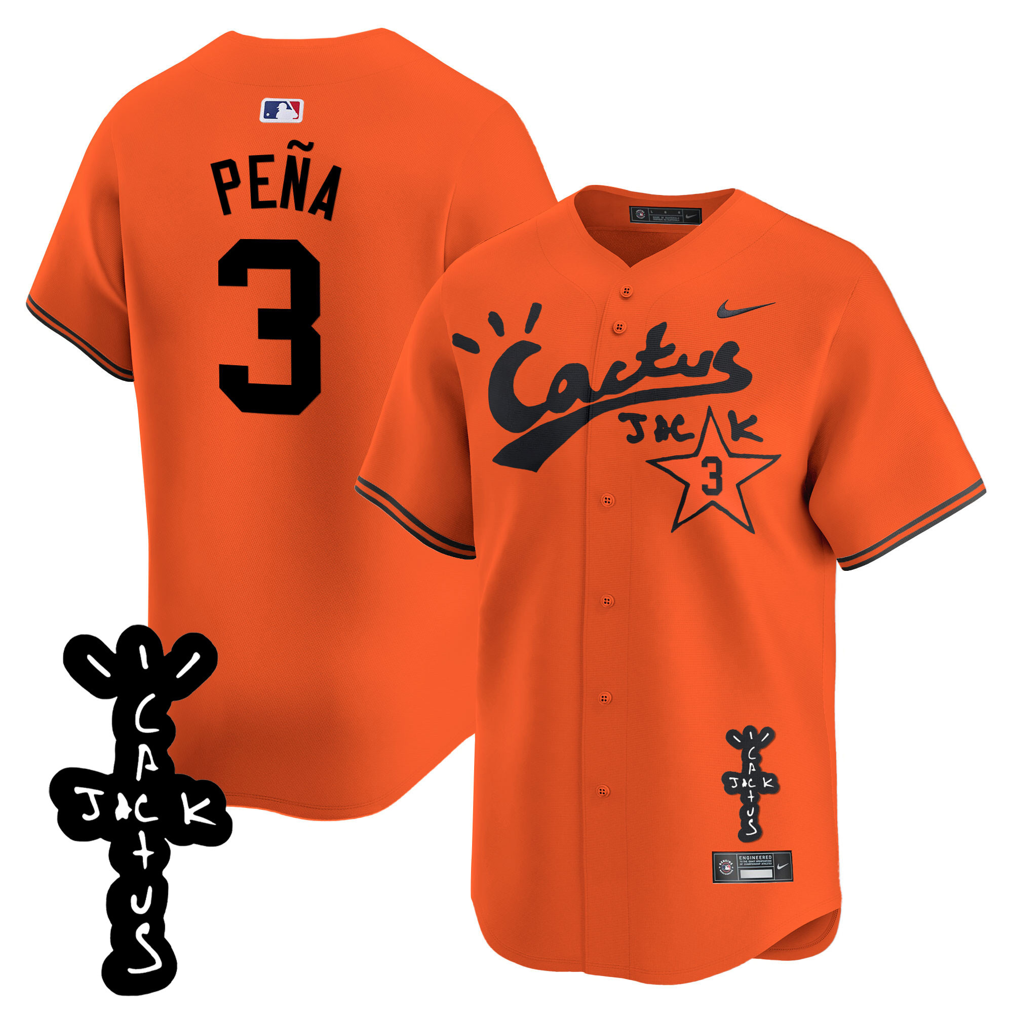 Jeremy Pena Men's Houston Astros Cactus Jack Patch Vapor Premier Limited V2 Orange Jersey - All Stitched