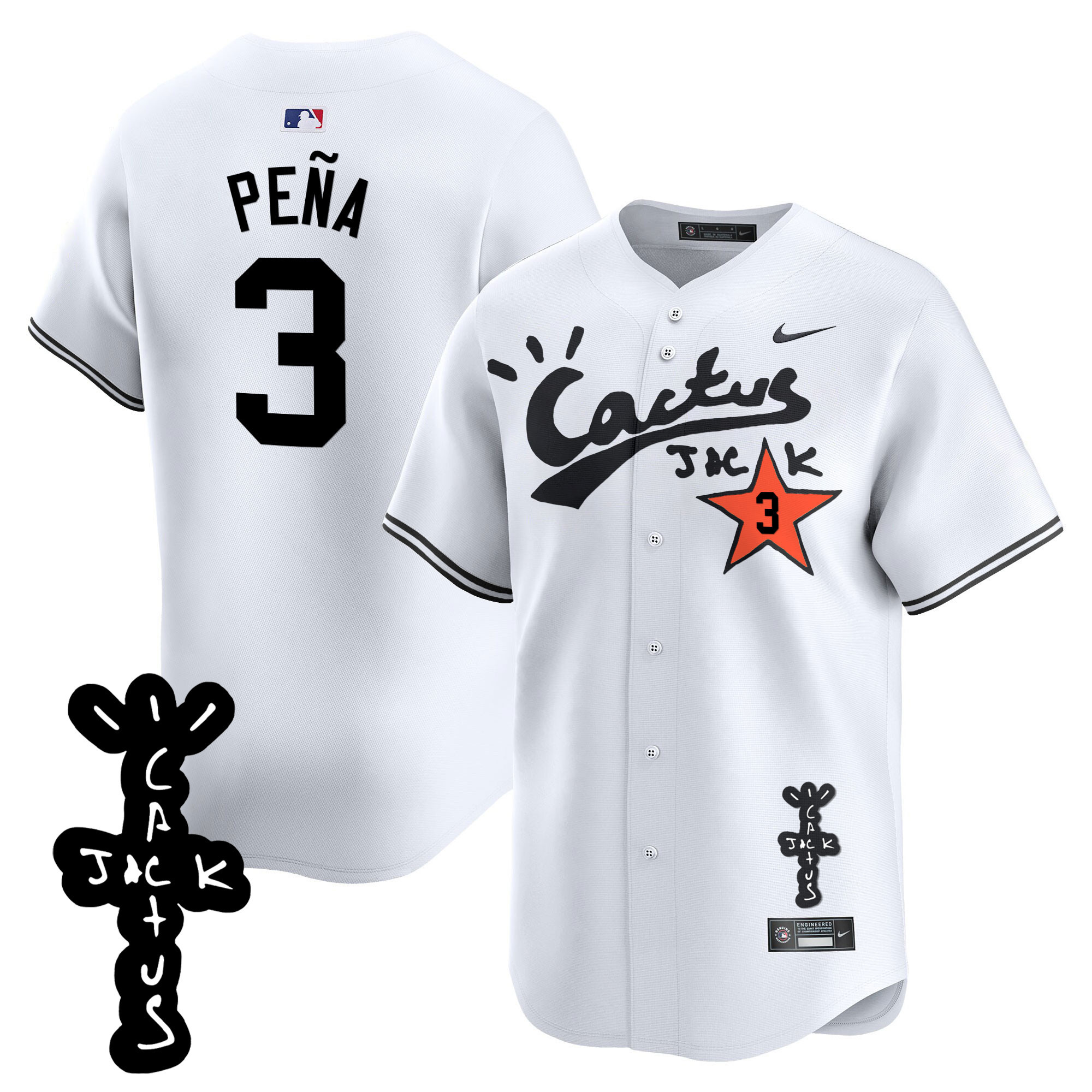 Jeremy Pena Men's Houston Astros Cactus Jack Patch Vapor Premier Limited V2 White Jersey - All Stitched