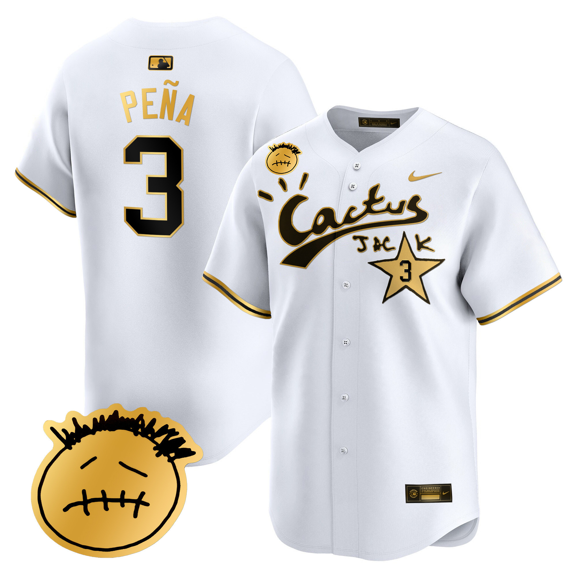 Jeremy Pena Men's Houston Astros Cactus Jack Patch Vapor Premier Limited V5 White Gold Jersey - All Stitched