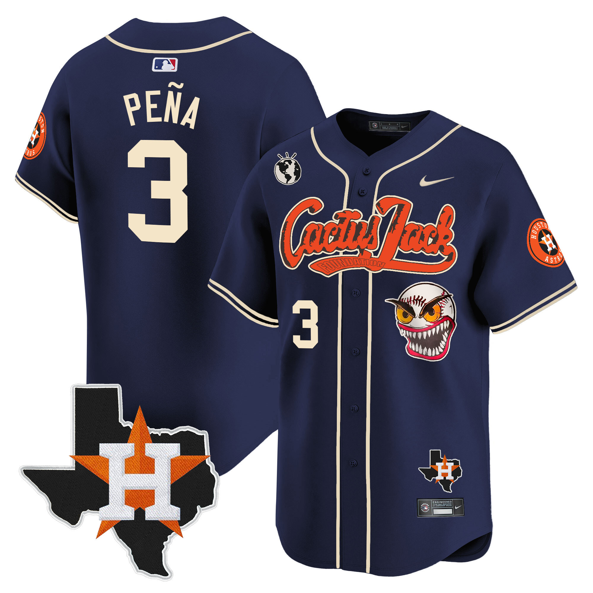 Jeremy Pena Men's Houston Astros Cactus Jack Patch Vapor Premier Limited V6 Navy Jersey - All Stitched