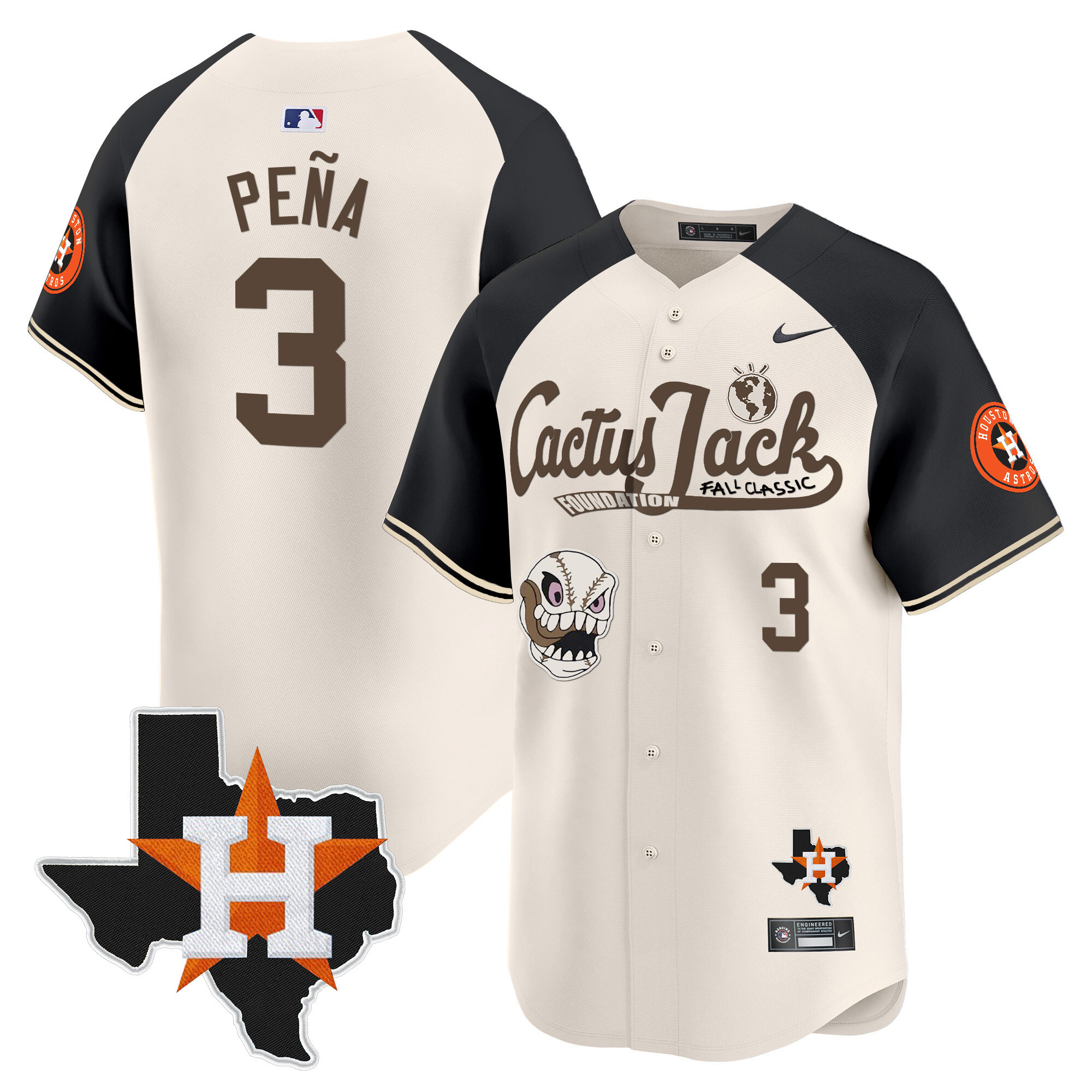 Jeremy Pena Men's Houston Astros Cactus Jack Patch Vapor Premier Limited V8 Cream Alternate Jersey - All Stitched