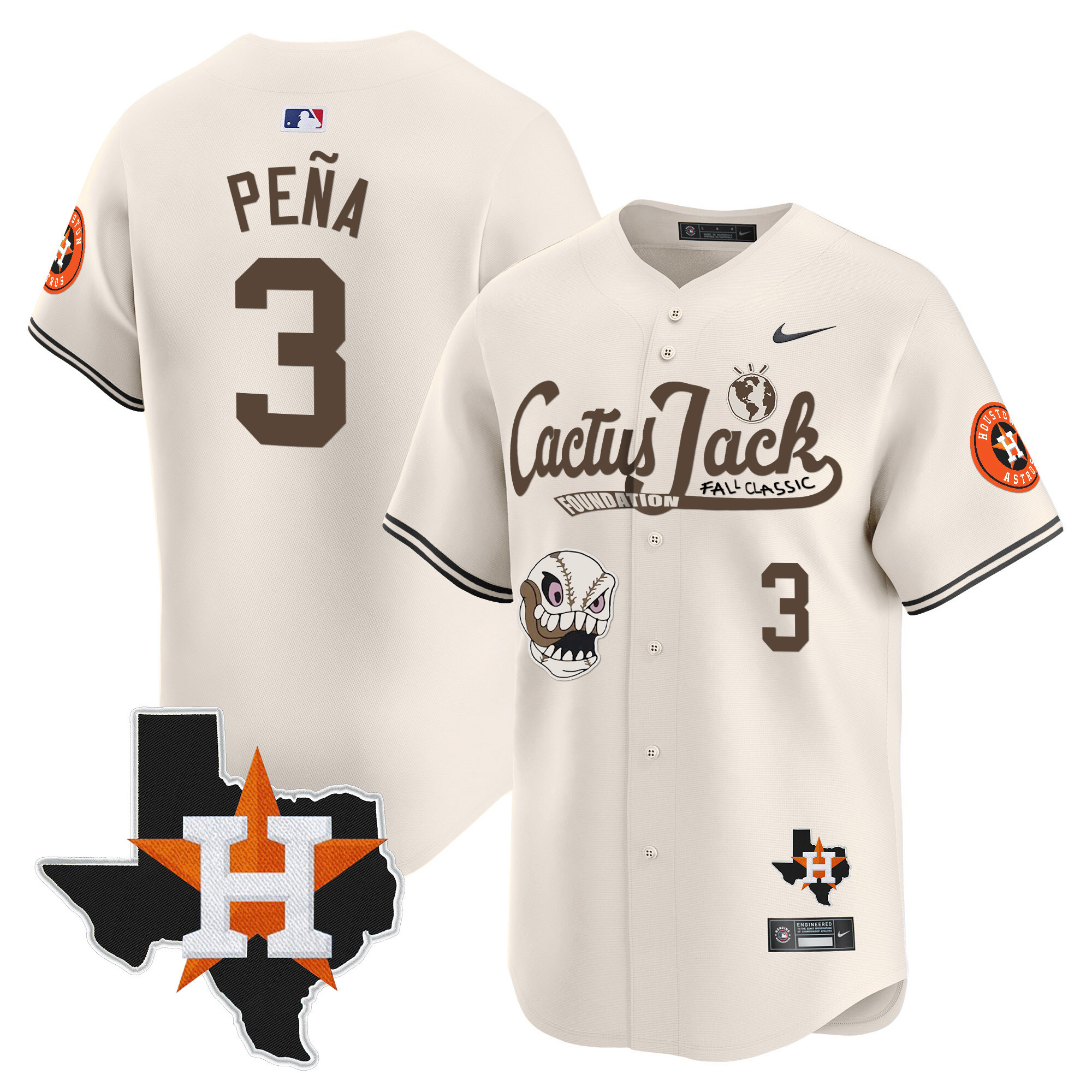 Jeremy Pena Men's Houston Astros Cactus Jack Patch Vapor Premier Limited V8 Cream Jersey - All Stitched