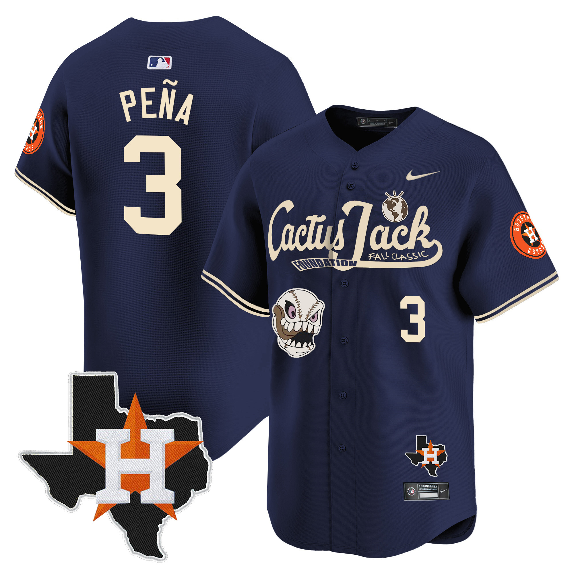 Jeremy Pena Men's Houston Astros Cactus Jack Patch Vapor Premier Limited V8 Navy Jersey - All Stitched
