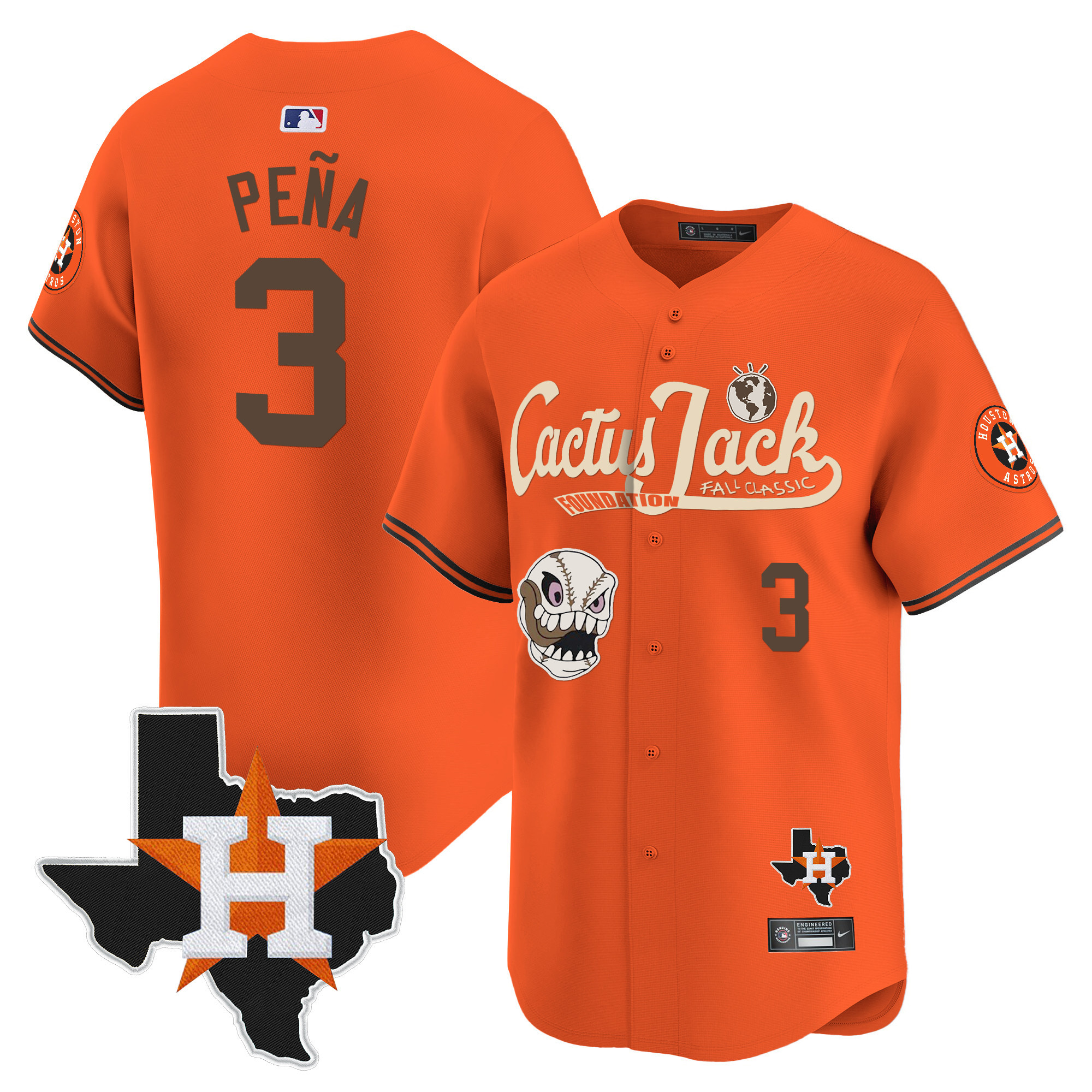 Jeremy Pena Men's Houston Astros Cactus Jack Patch Vapor Premier Limited V8 Orange Jersey - All Stitched