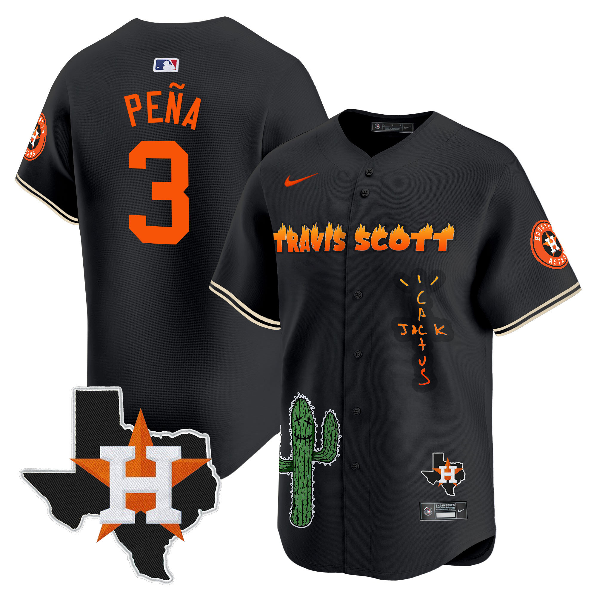 Jeremy Pena Men's Houston Astros Cactus Jack Patch Vapor Premier Limited V9 Black Jersey - All Stitched