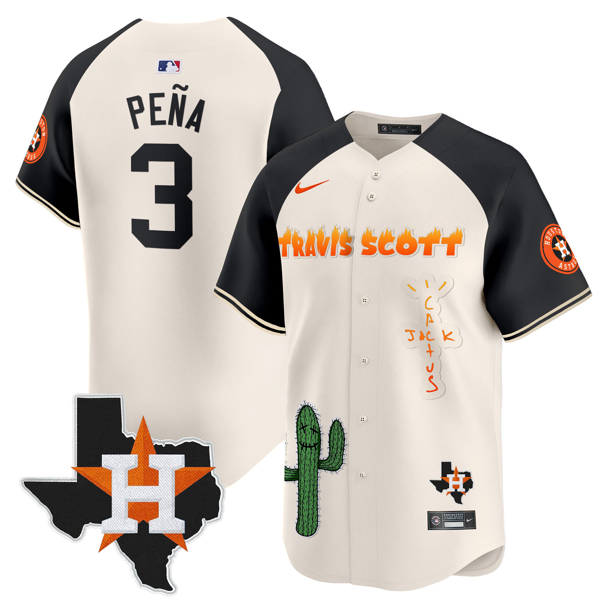 Jeremy Pena Men's Houston Astros Cactus Jack Patch Vapor Premier Limited V9 Cream Alternate Jersey - All Stitched