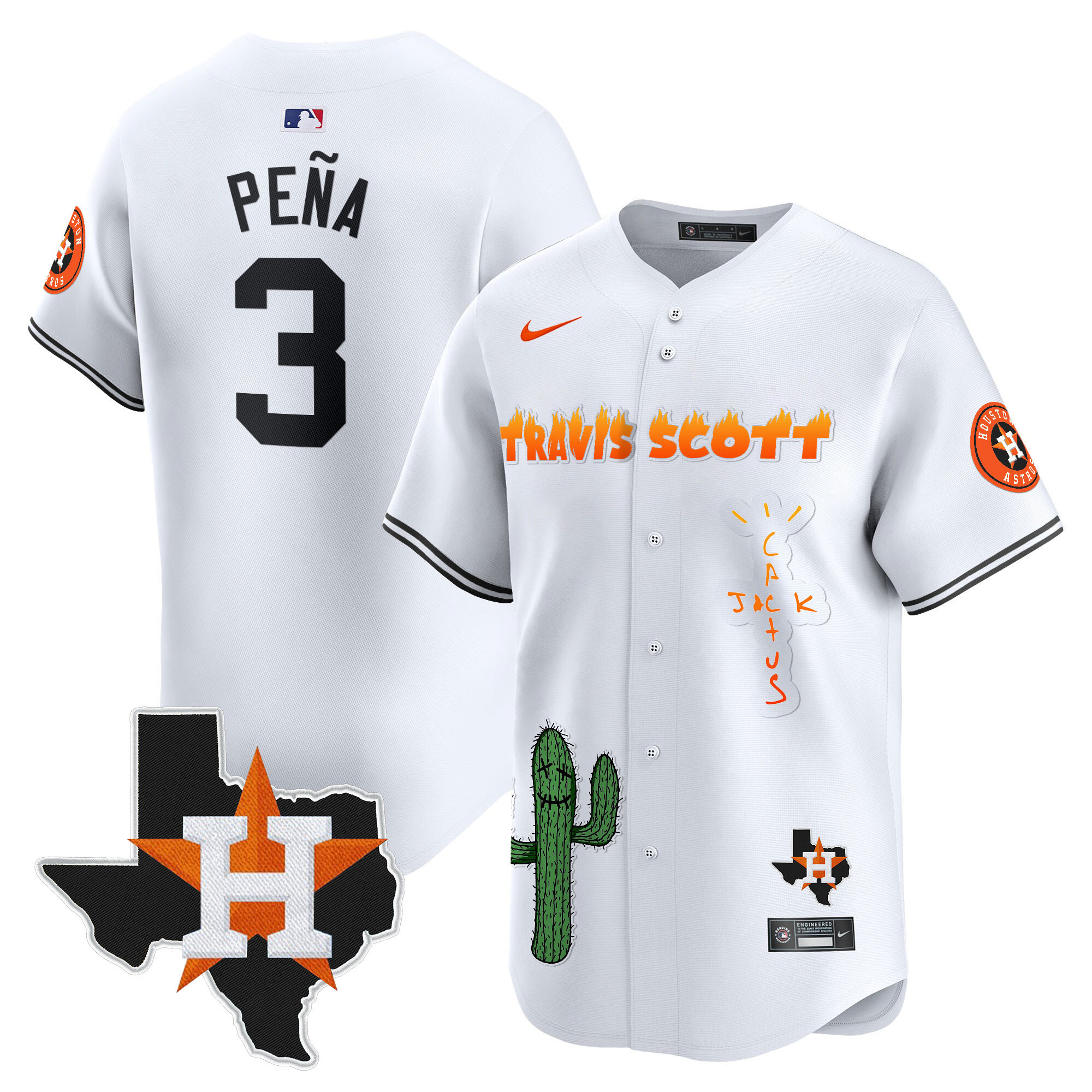 Jeremy Pena Men's Houston Astros Cactus Jack Patch Vapor Premier Limited V9 White Jersey - All Stitched