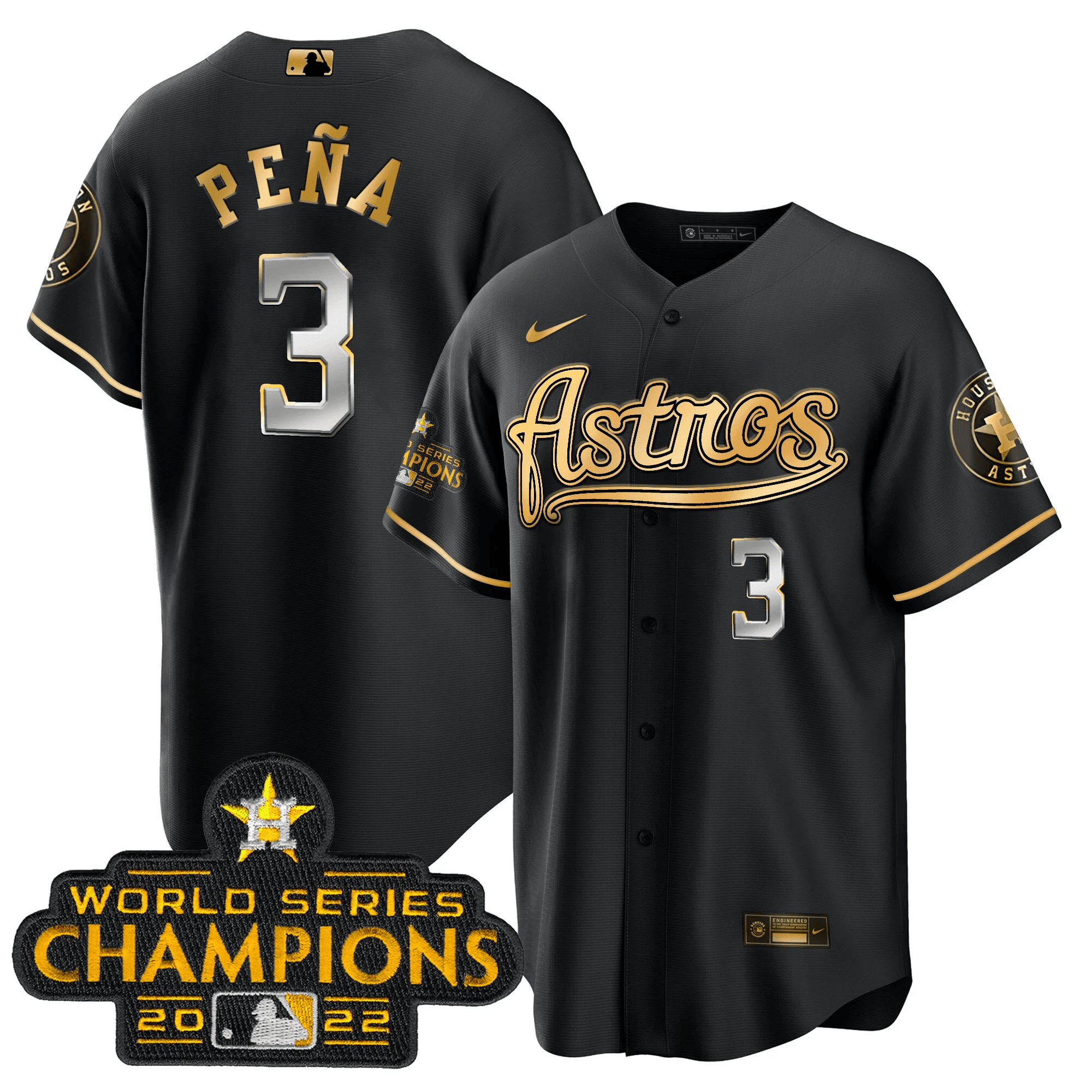 Jeremy Pena Men's Houston Astros Champions & Throwback Patch Gold V2 Cool Black Jersey - All Stitched