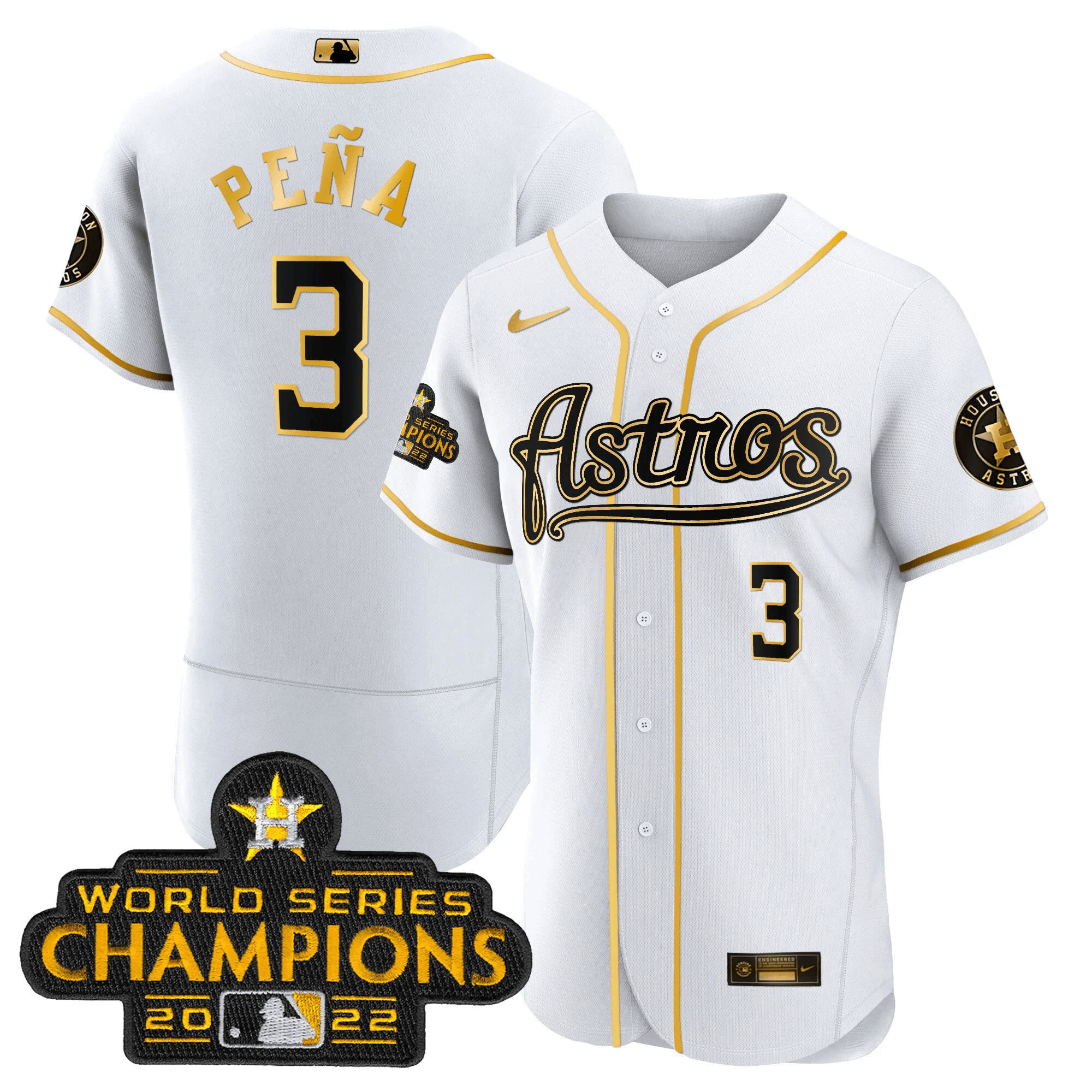 Jeremy Pena Men's Houston Astros Champions & Throwback Patch Gold V2 Flex White Jersey - All Stitched