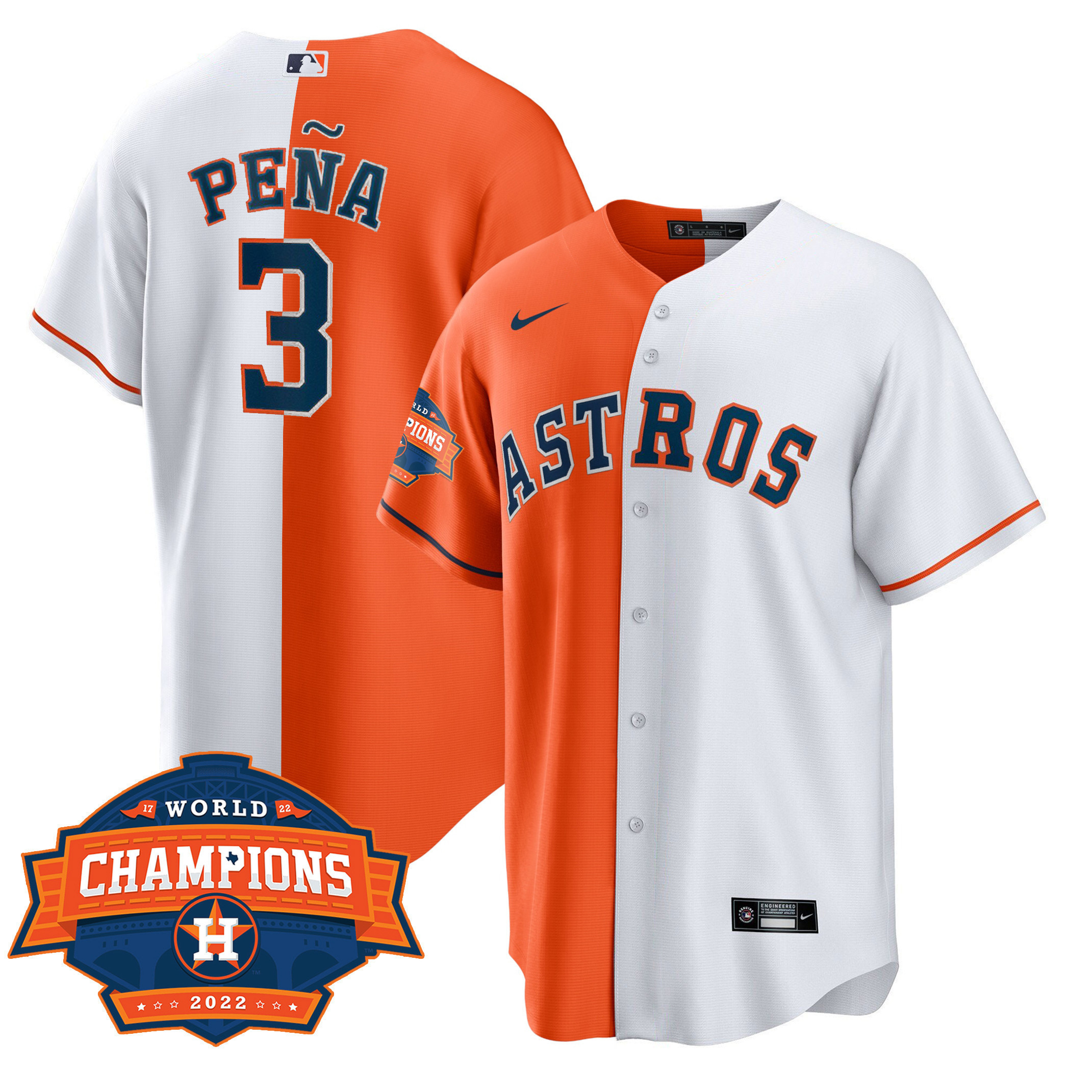 Jeremy Pena Men's Houston Astros Cool Base Split 2022 Champions Limited Player White Orange Jersey - All Stitched