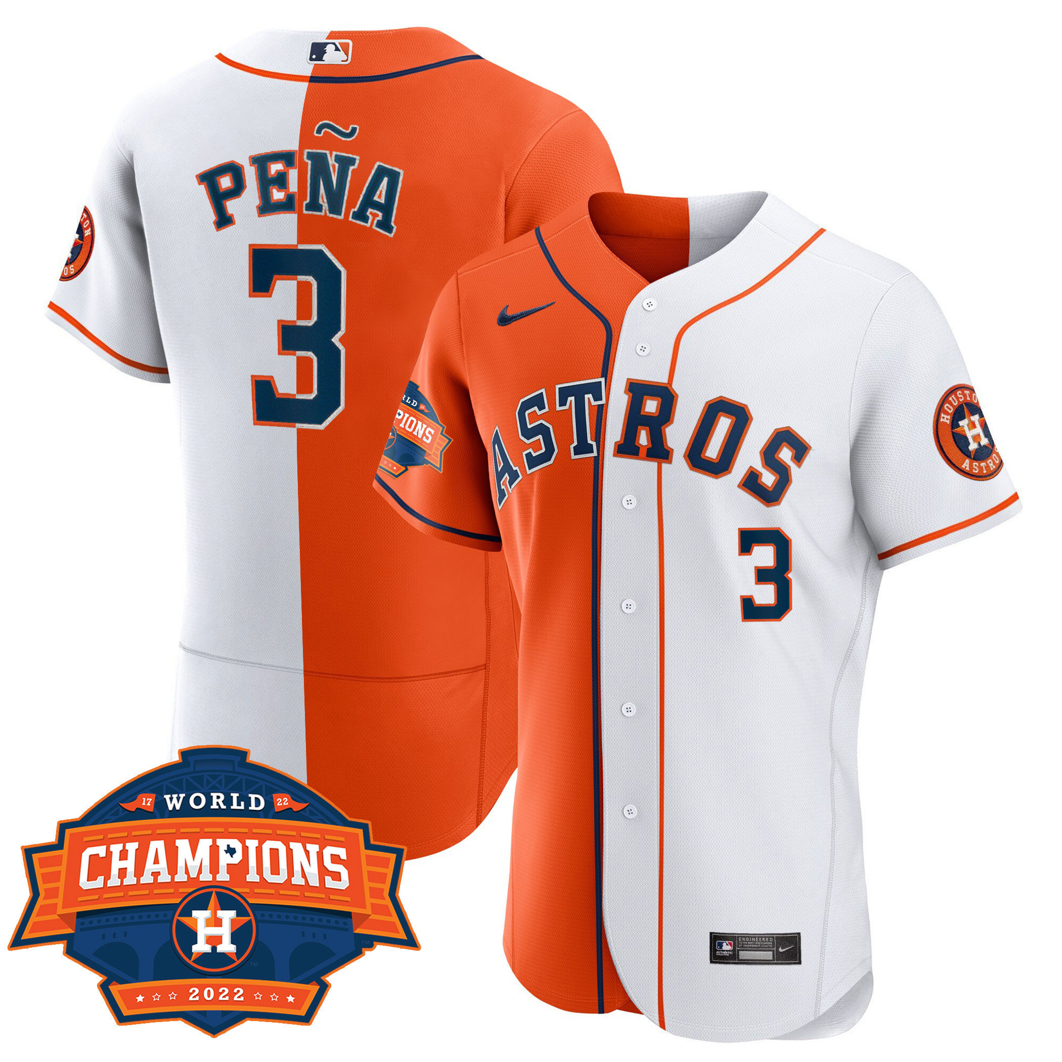 Jeremy Pena Men's Houston Astros Flex Base Split 2022 Champions Limited Player White Orange Jersey - All Stitched