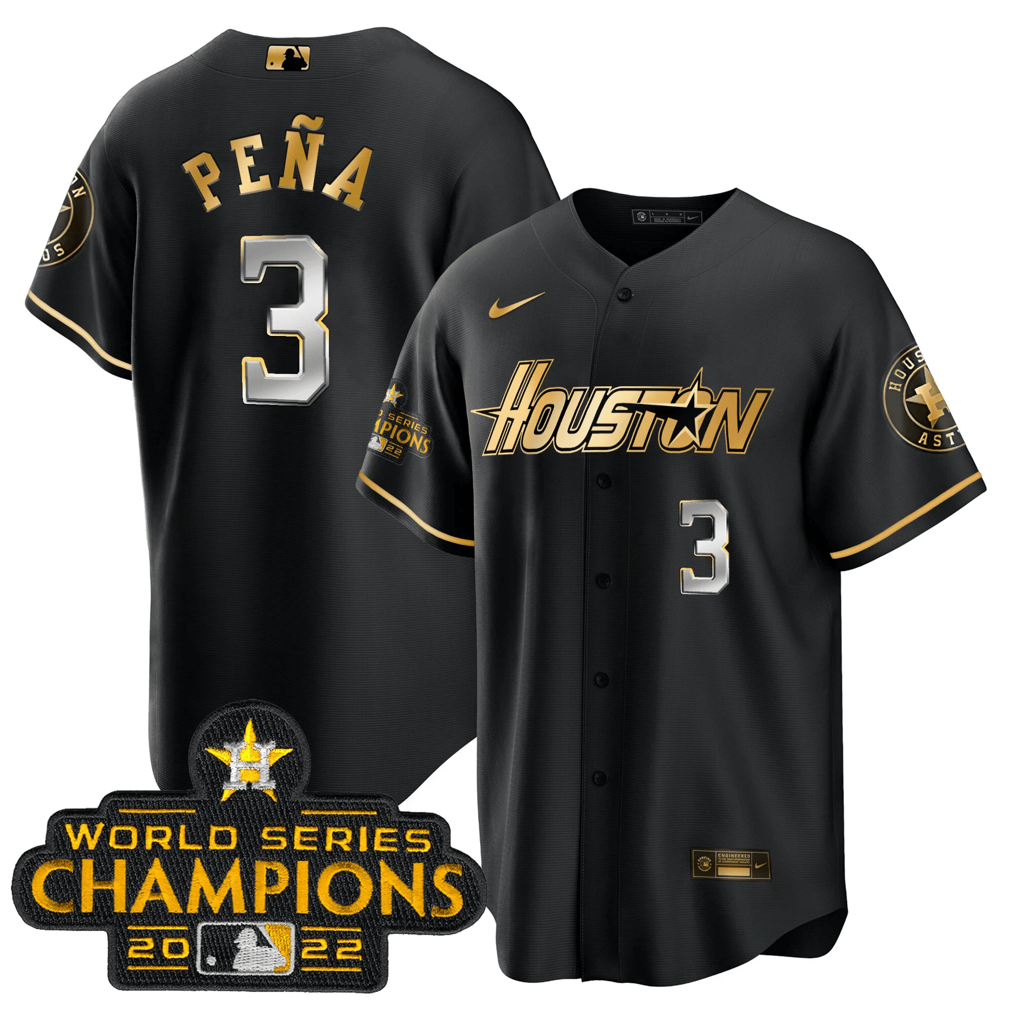 Jeremy Pena Men's Houston Astros Gray & Gold 2023 Champions Patch Cool Black Jersey - All Stitched