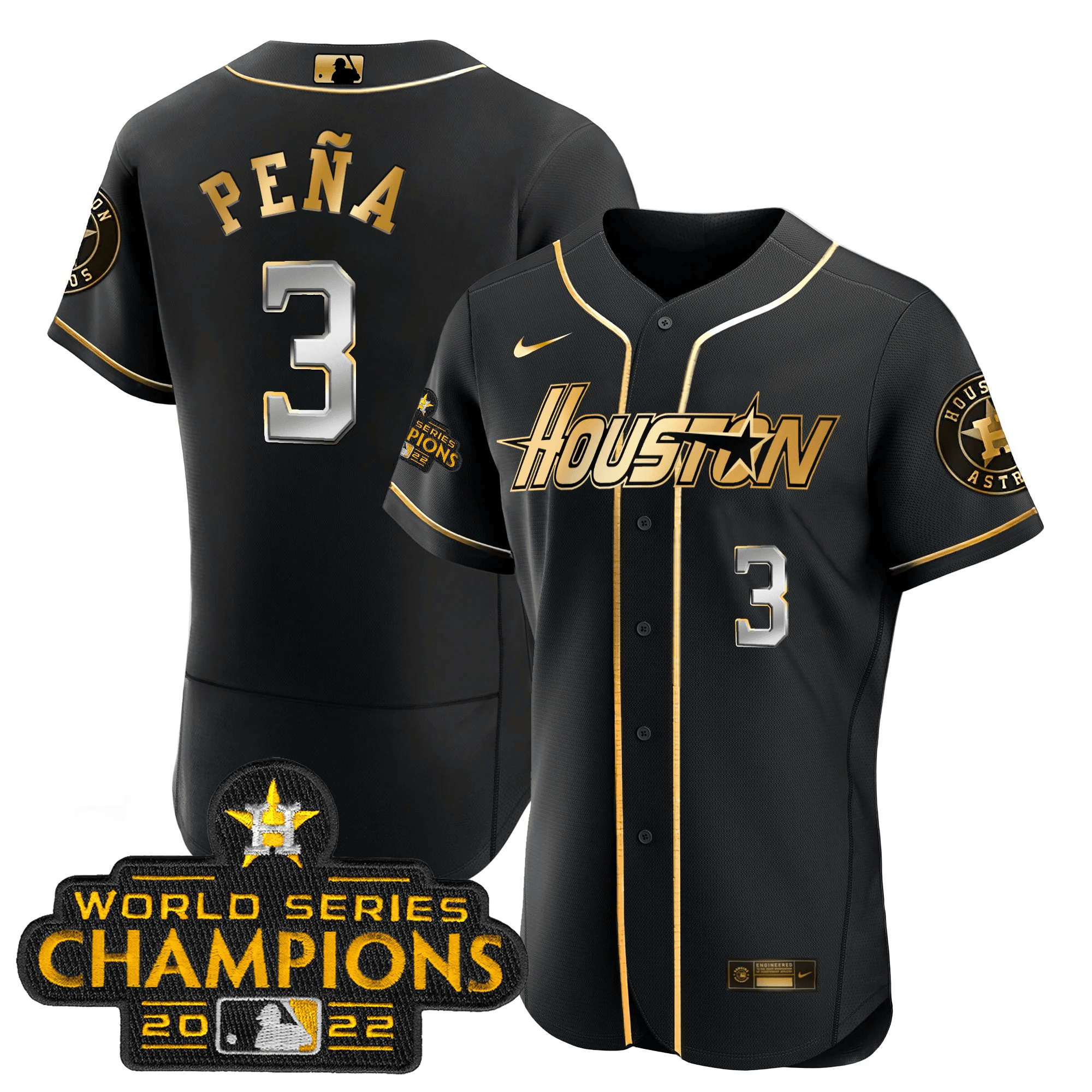 Jeremy Pena Men's Houston Astros Gray & Gold 2023 Champions Patch Flex Black Jersey - All Stitched
