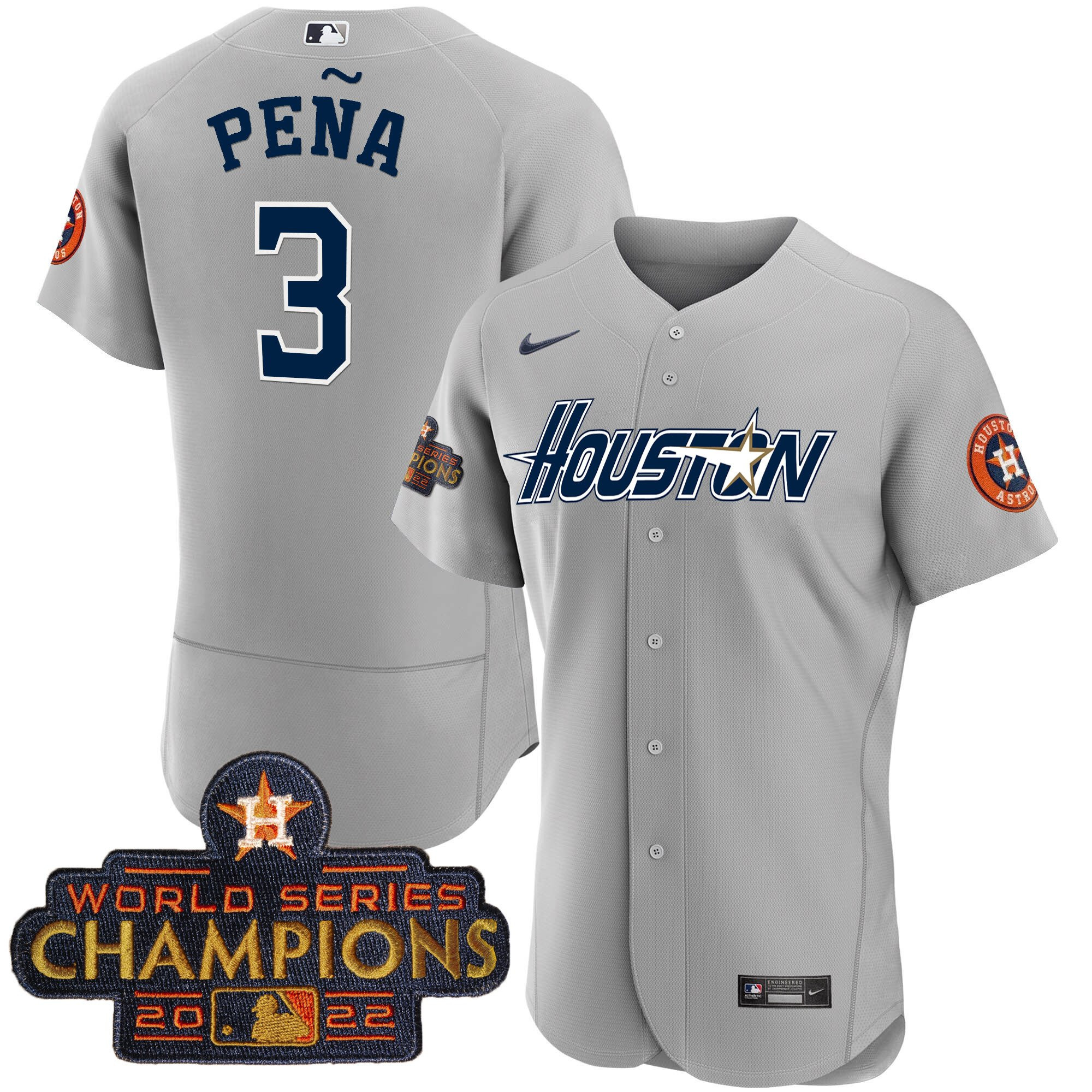 Jeremy Pena Men's Houston Astros Gray & Gold 2023 Champions Patch Flex Gray Jersey - All Stitched