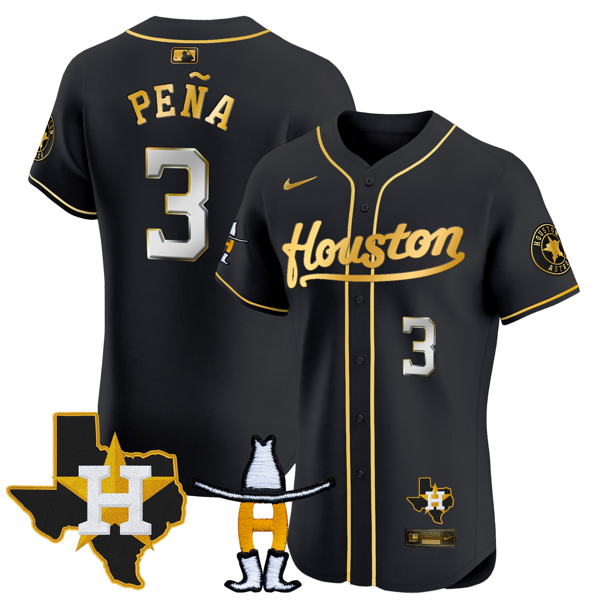 Jeremy Pena Men's Houston Astros Houston Rodeo Patch Vapor Premier Elite Black Gold Jersey - All Stitched