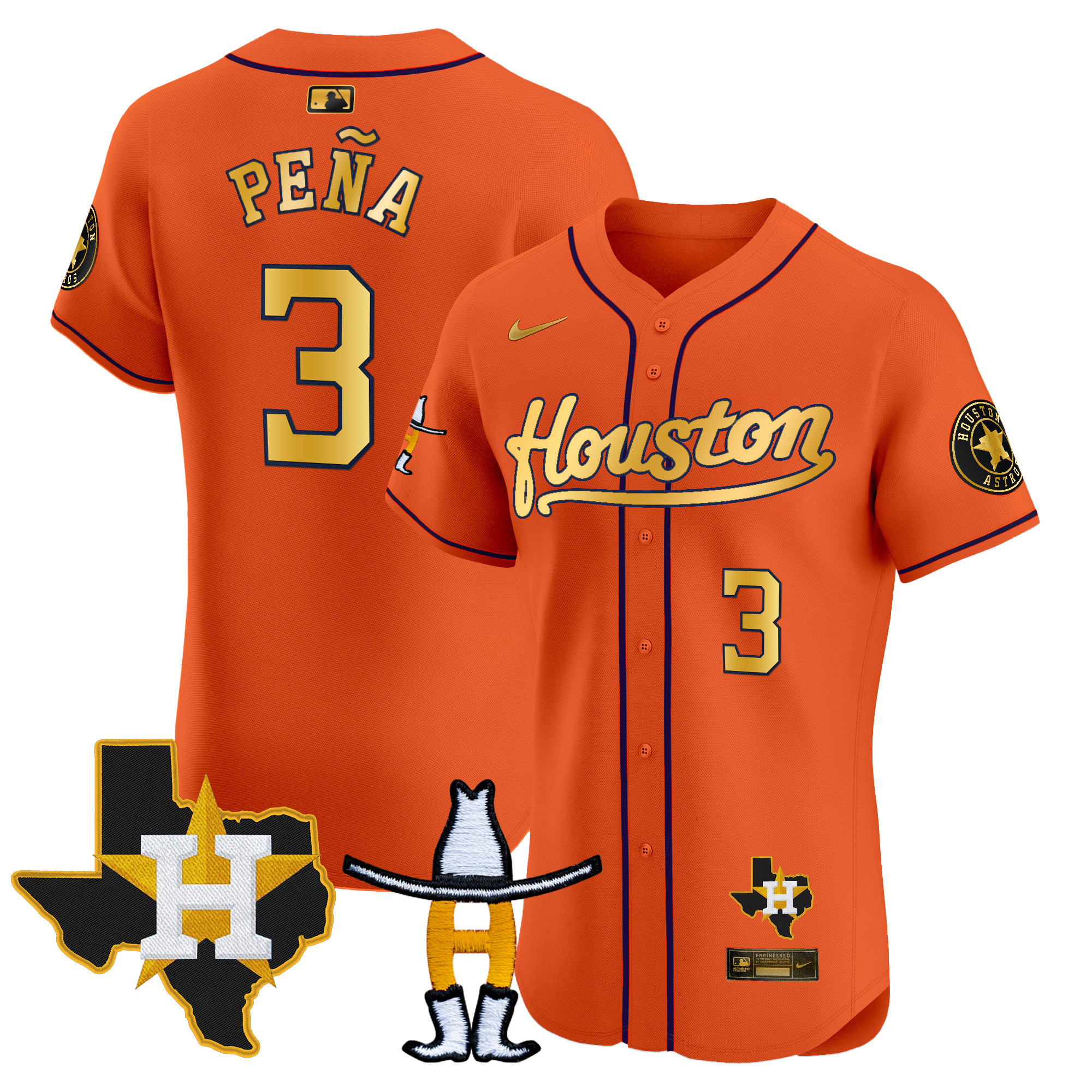 Jeremy Pena Men's Houston Astros Houston Rodeo Patch Vapor Premier Elite Orange Gold Jersey - All Stitched