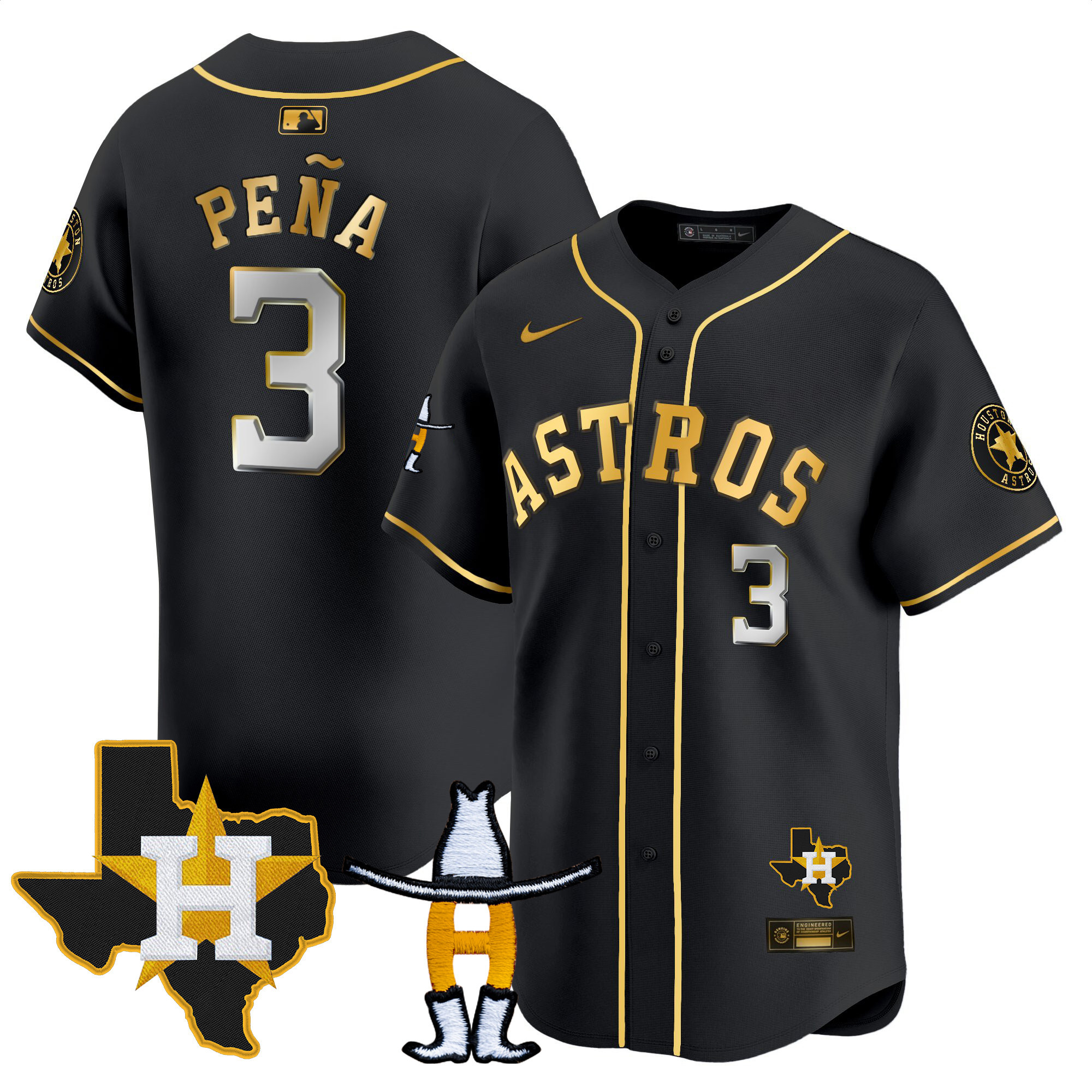 Jeremy Pena Men's Houston Astros Houston Rodeo Patch Vapor Premier Limited V2 Black Gold Jersey - All Stitched