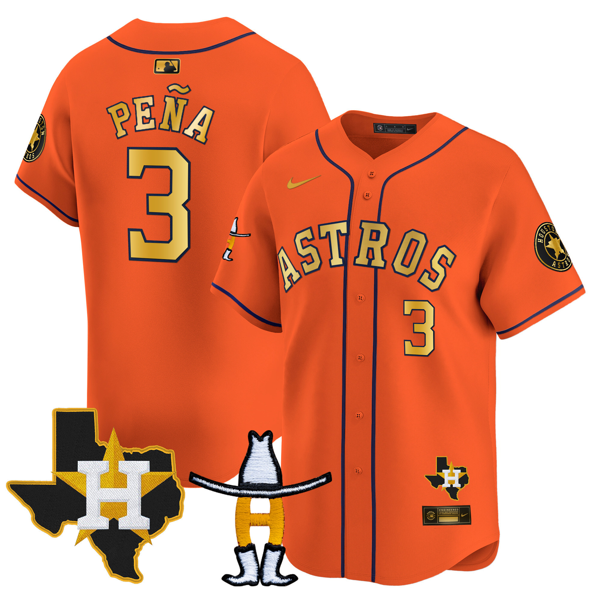 Jeremy Pena Men's Houston Astros Houston Rodeo Patch Vapor Premier Limited V2 Orange Gold Jersey - All Stitched