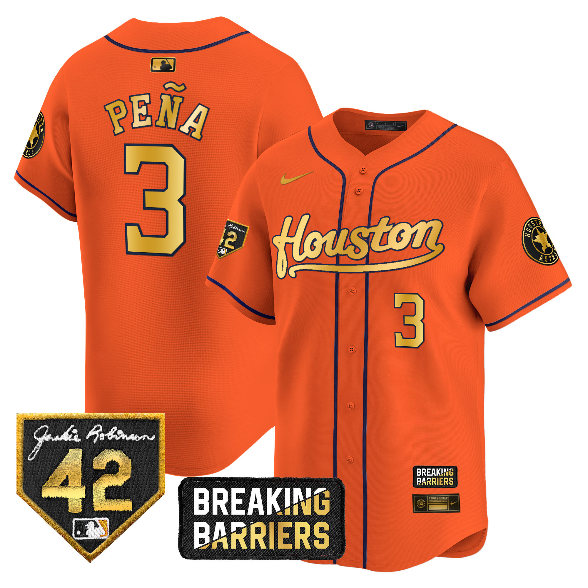Jeremy Pena Men's Houston Astros Jackie Robinson Breaking Barriers Patch Vapor Premier Limited Orange Gold Jersey - All Stitched