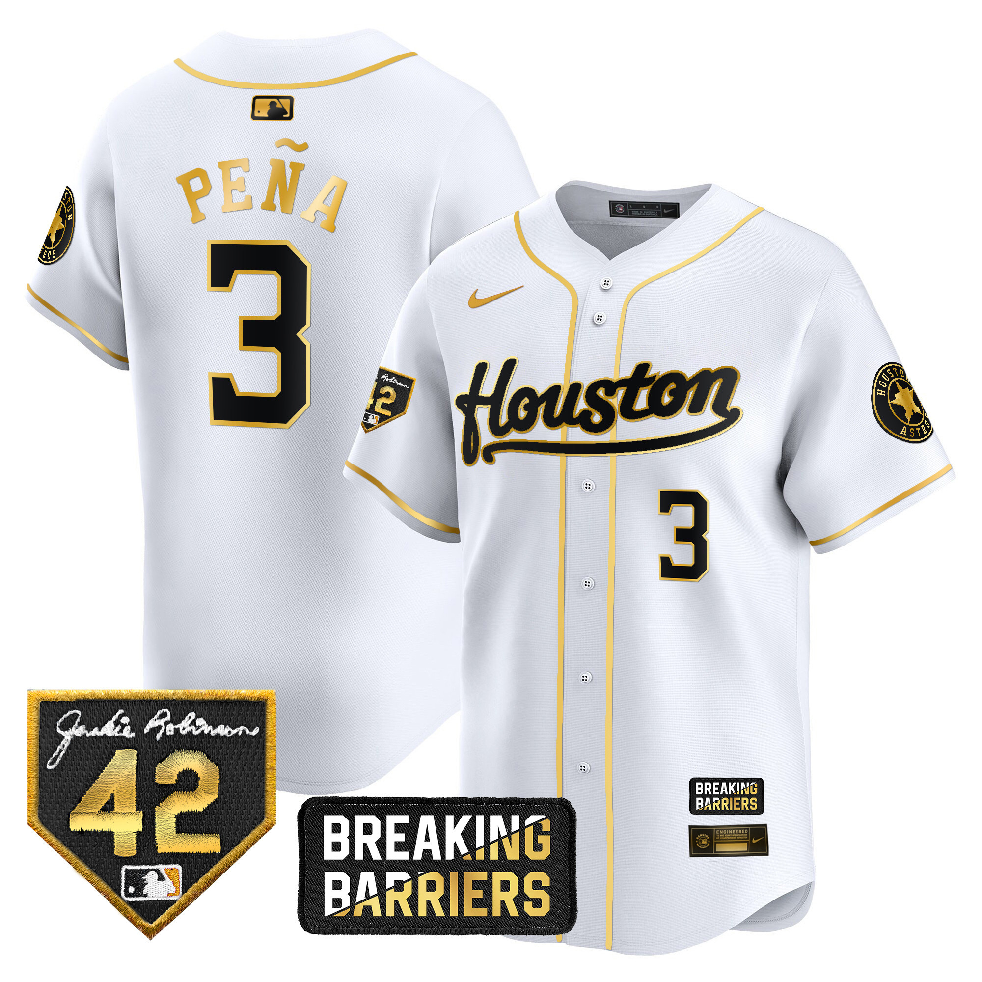 Jeremy Pena Men's Houston Astros Jackie Robinson Breaking Barriers Patch Vapor Premier Limited White Gold Jersey - All Stitched